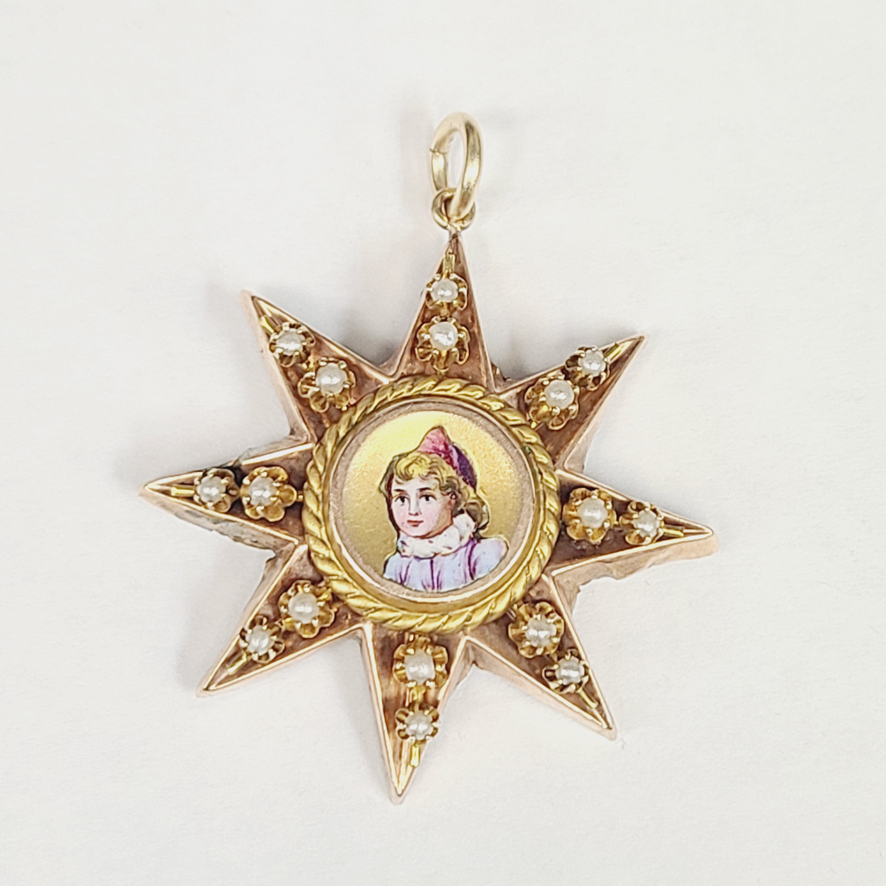 18K Gold Antique Enamel Portrait Star with Seed Pearls