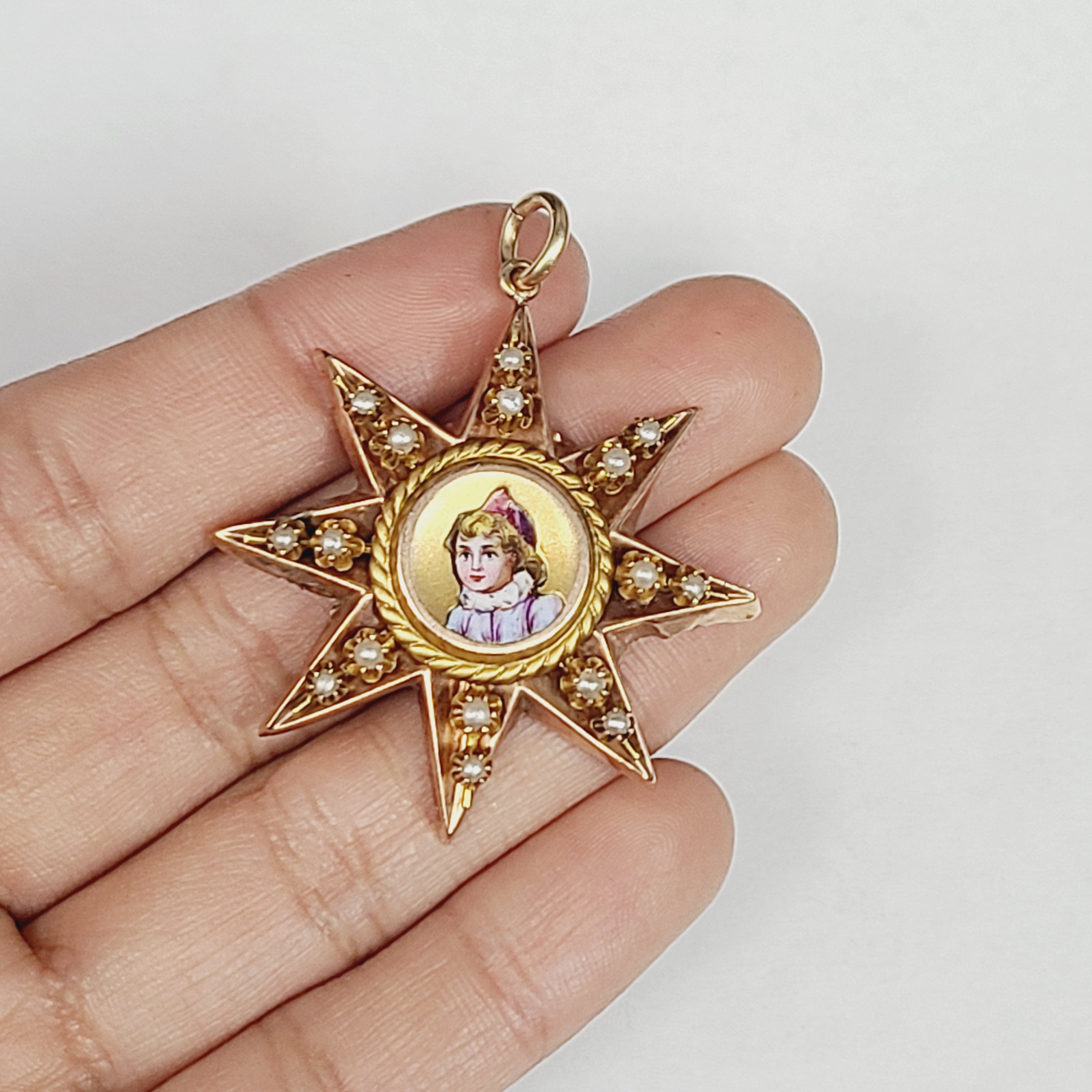 18K Gold Antique Enamel Portrait Star with Seed Pearls