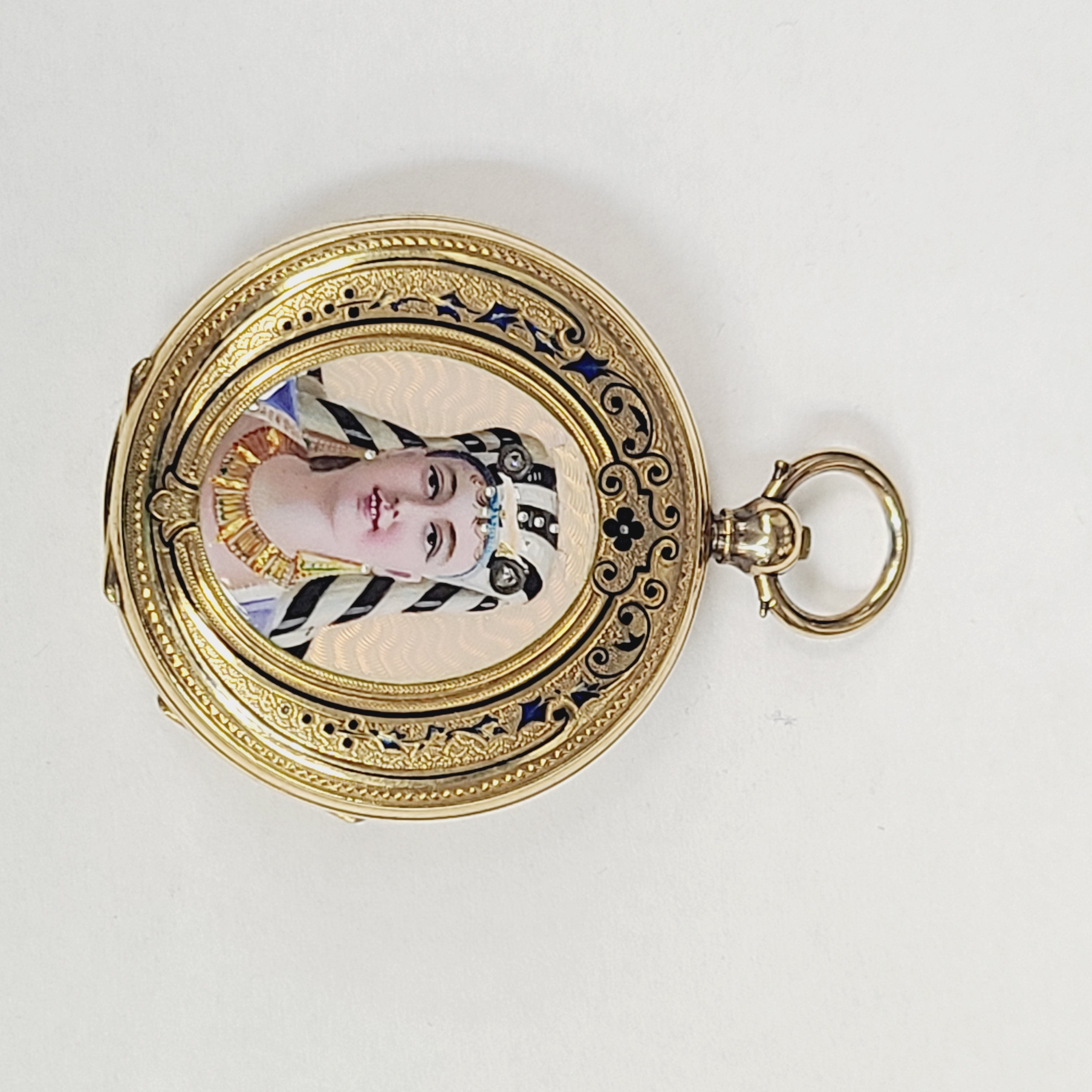 18K Gold Antique Enamel Egyptian Lady Pocket Watch