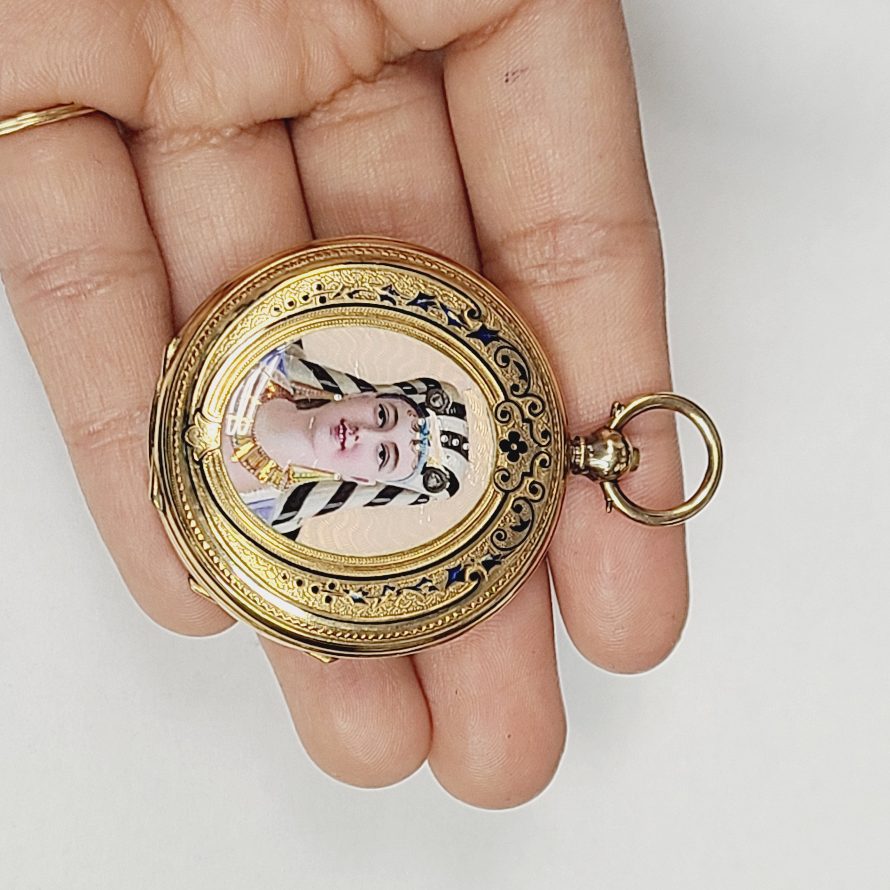 18K Gold Antique Enamel Egyptian Lady Pocket Watch
