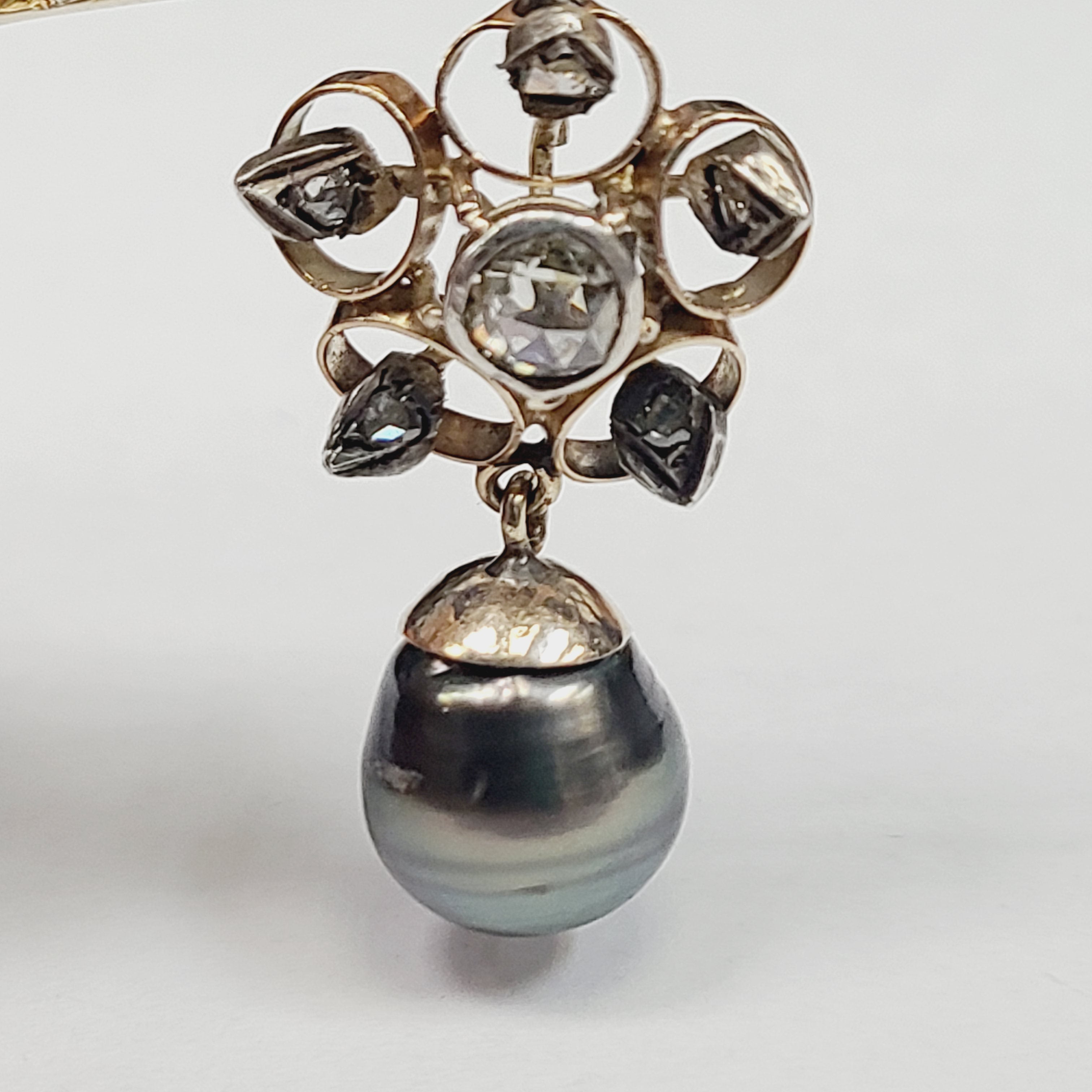 Antique Georgian 14K Yellow Gold Grey Pearl Rose Cut Diamonds Pendant Slide 1.5 x .80"
