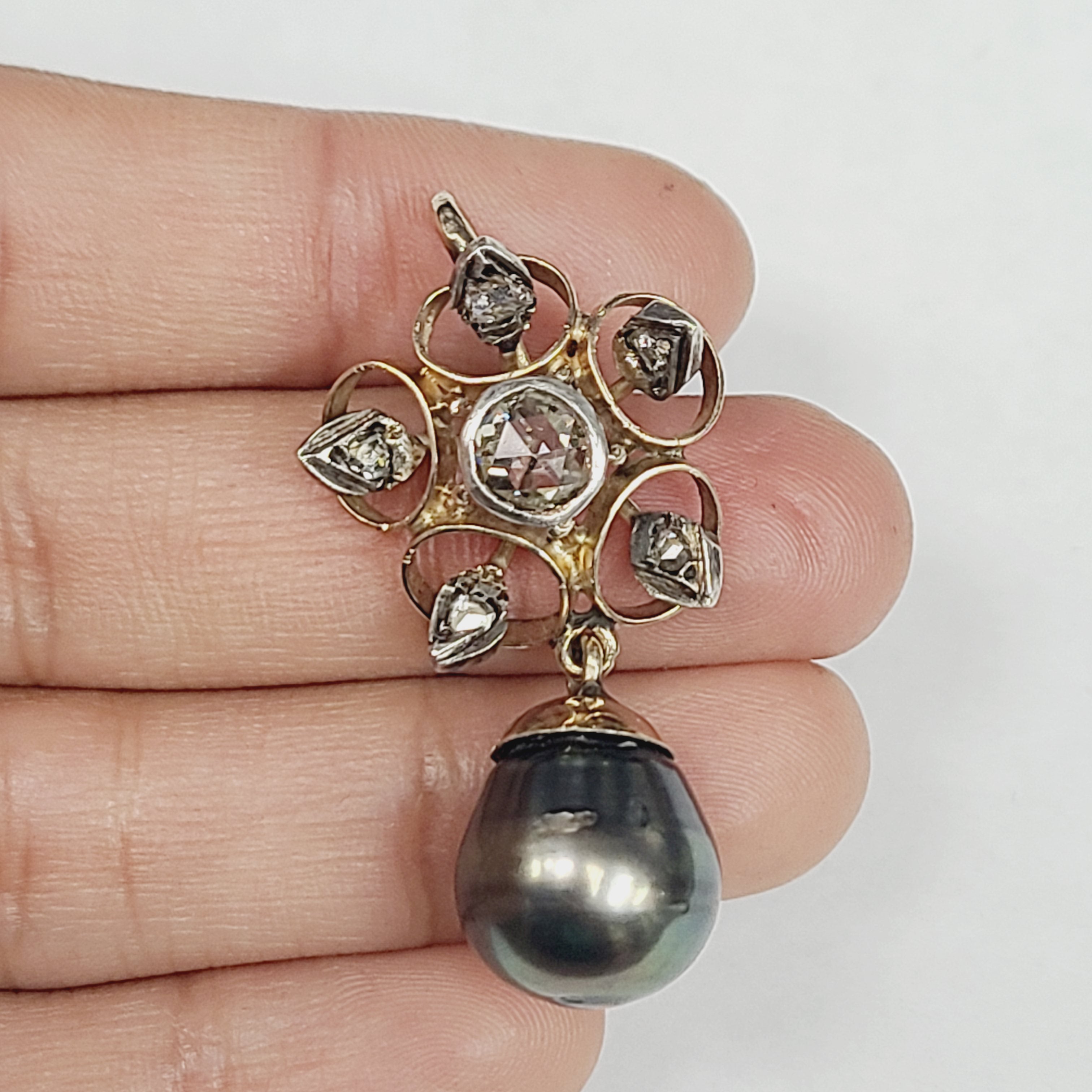 Antique Georgian 14K Yellow Gold Grey Pearl Rose Cut Diamonds Pendant Slide 1.5 x .80"