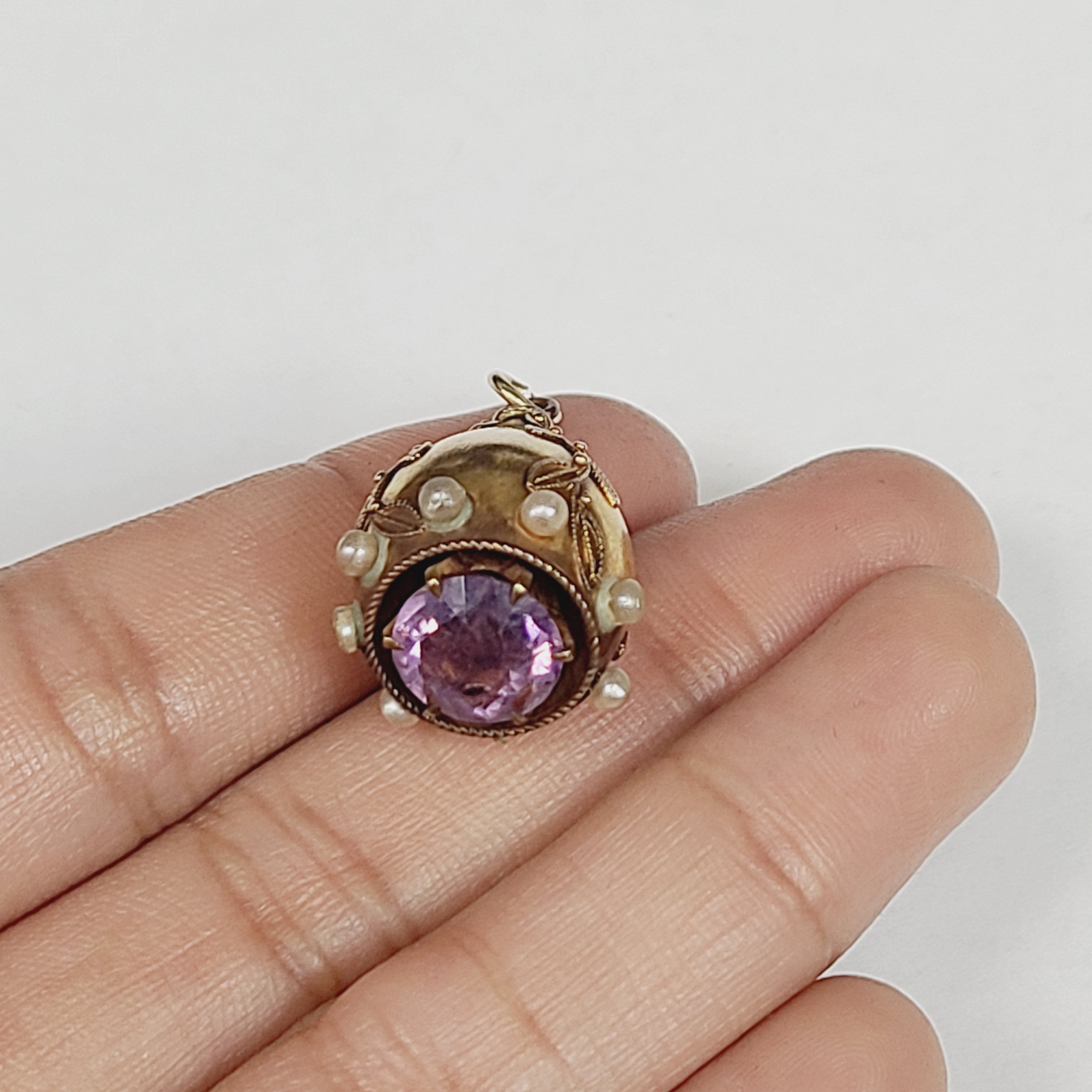 18K Gold Pearl and Amethyst Fob Charm Pendant