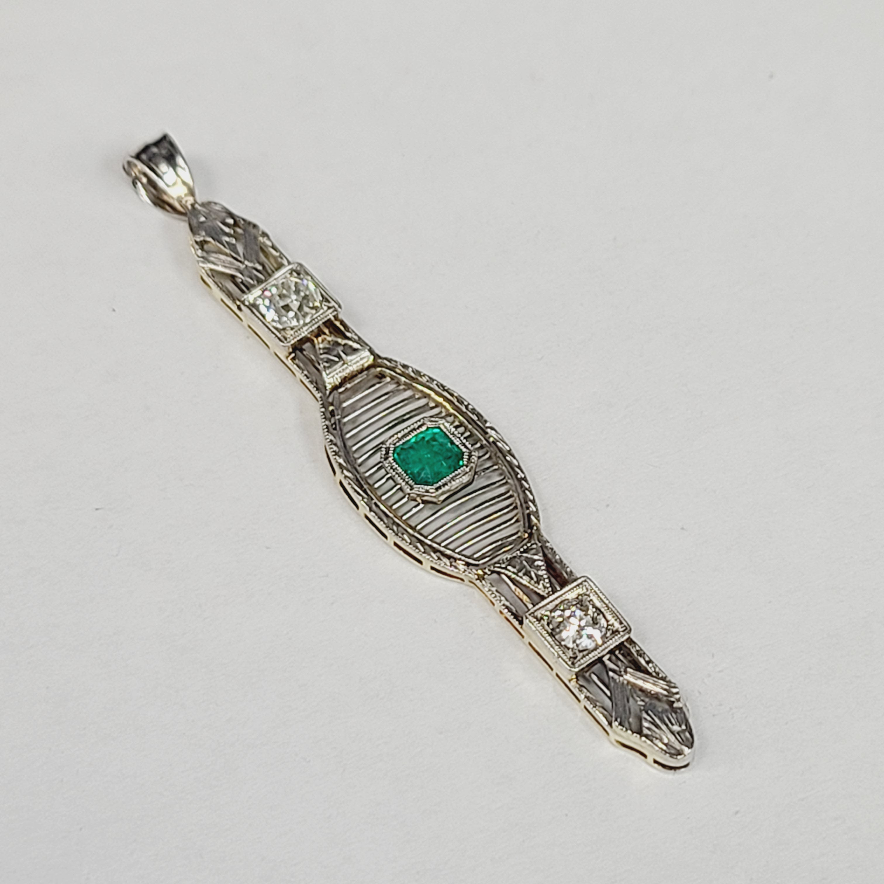 Art Deco Emerald and Diamond 14K White Gold Bar Pin Pendant