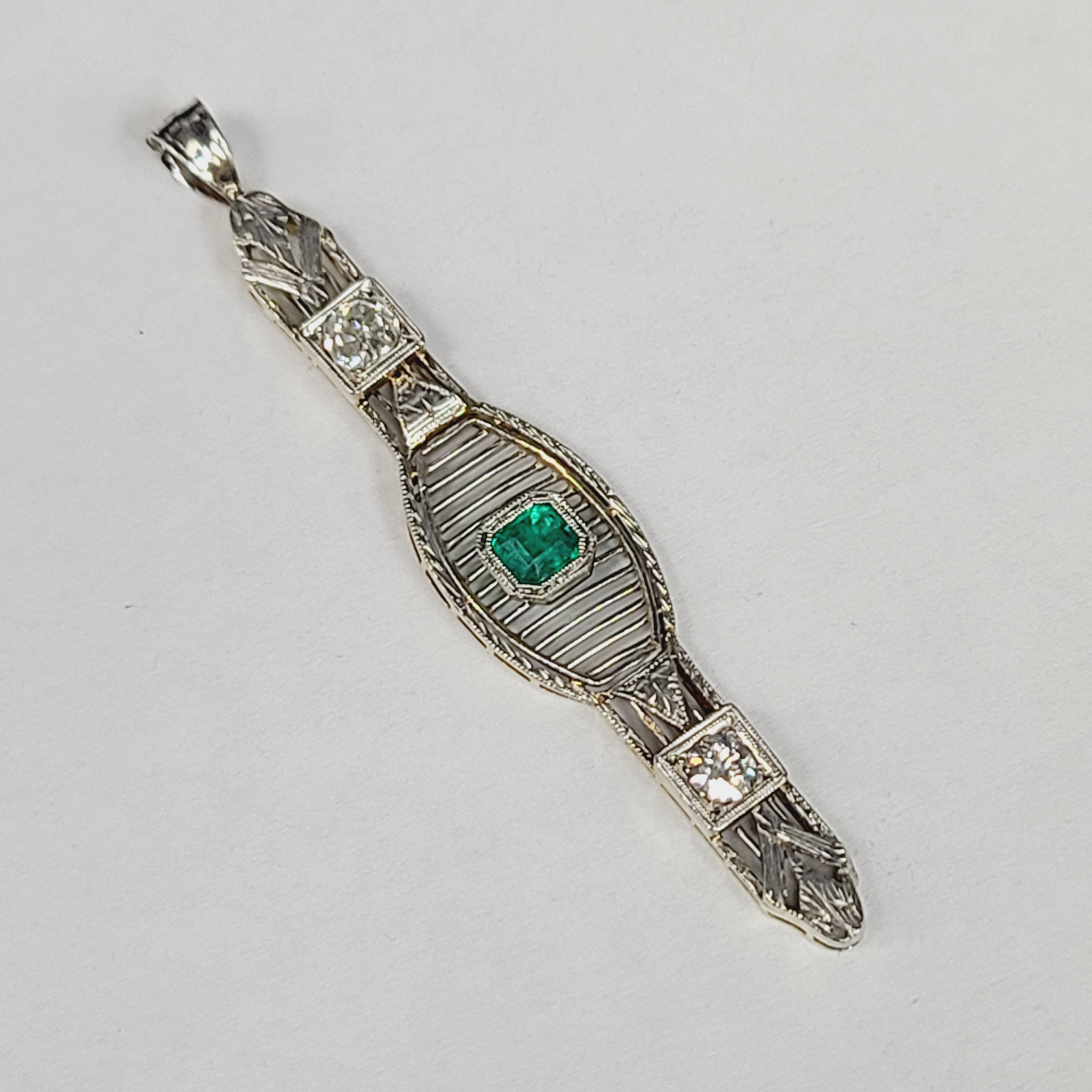 Art Deco Emerald and Diamond 14K White Gold Bar Pin Pendant