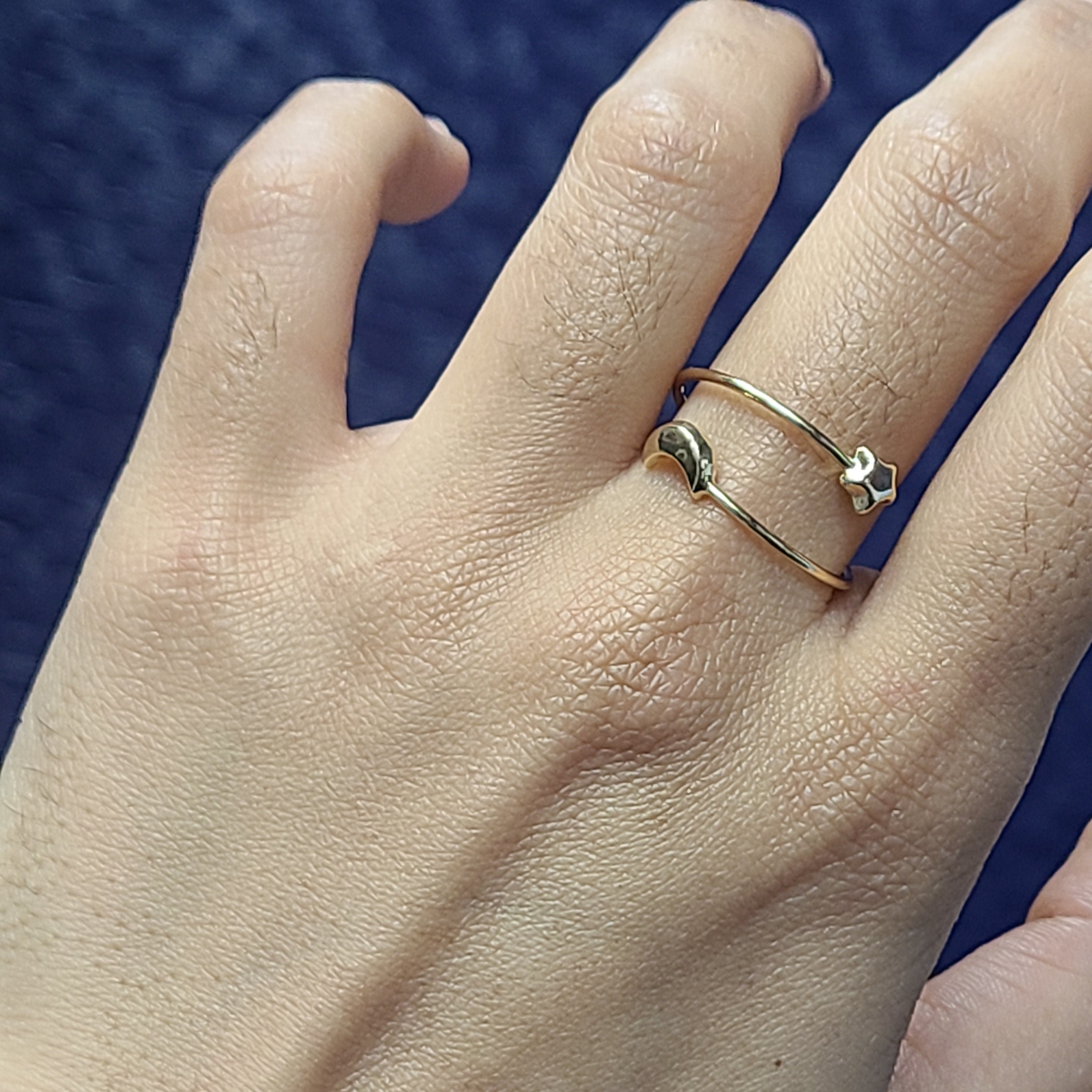 14K Yellow Gold Star Moon Spiral Adjustable Ring