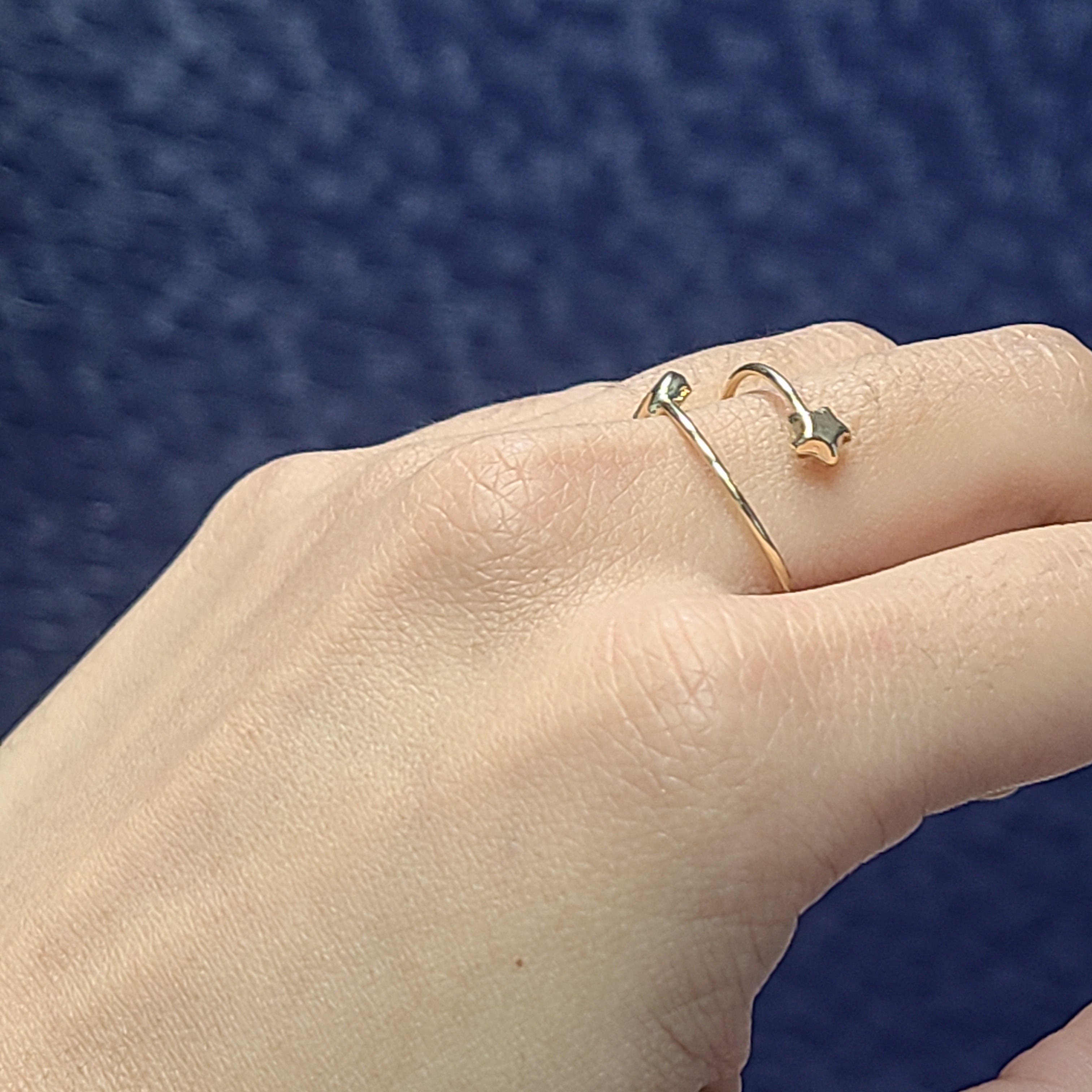 14K Yellow Gold Star Moon Spiral Adjustable Ring