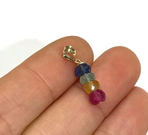 Natural Multi Color Sapphire Ruby Emerald 14K Yellow Gold Faceted Bead Pendant