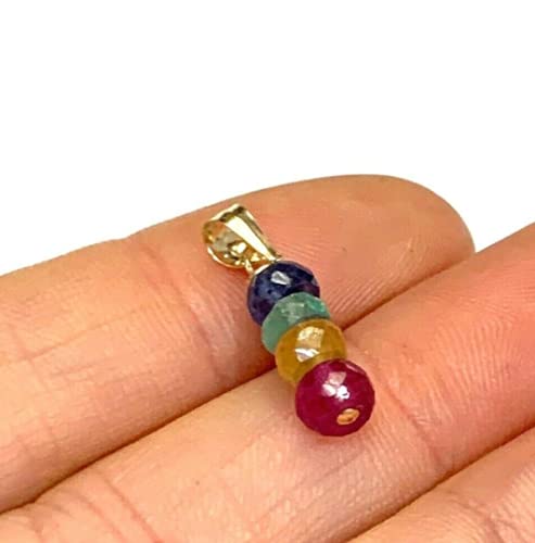 Natural Multi Color Sapphire Ruby Emerald 14K Yellow Gold Faceted Bead Pendant