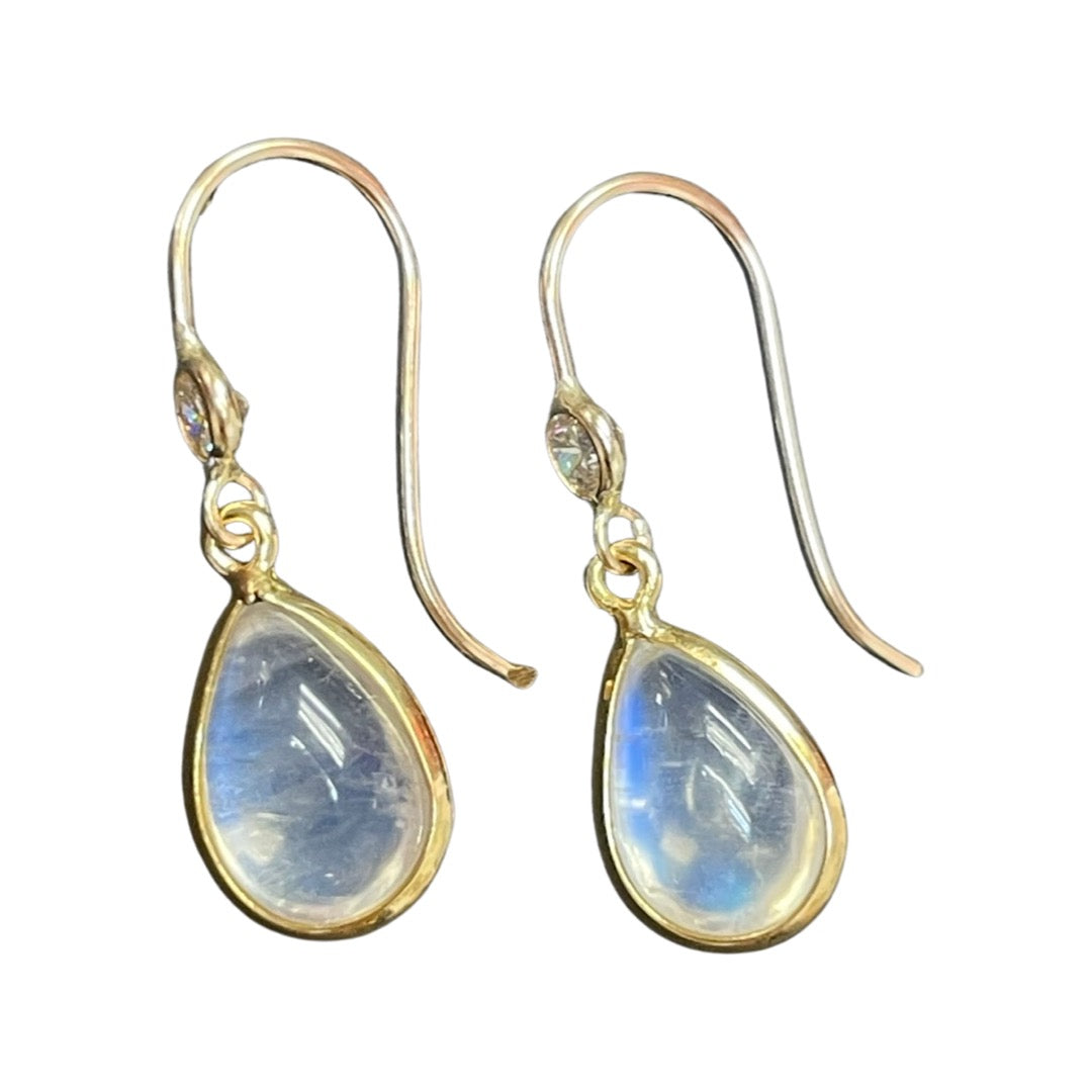 14K Yellow Gold Moonstone & Diamond Dangling Earring .85"