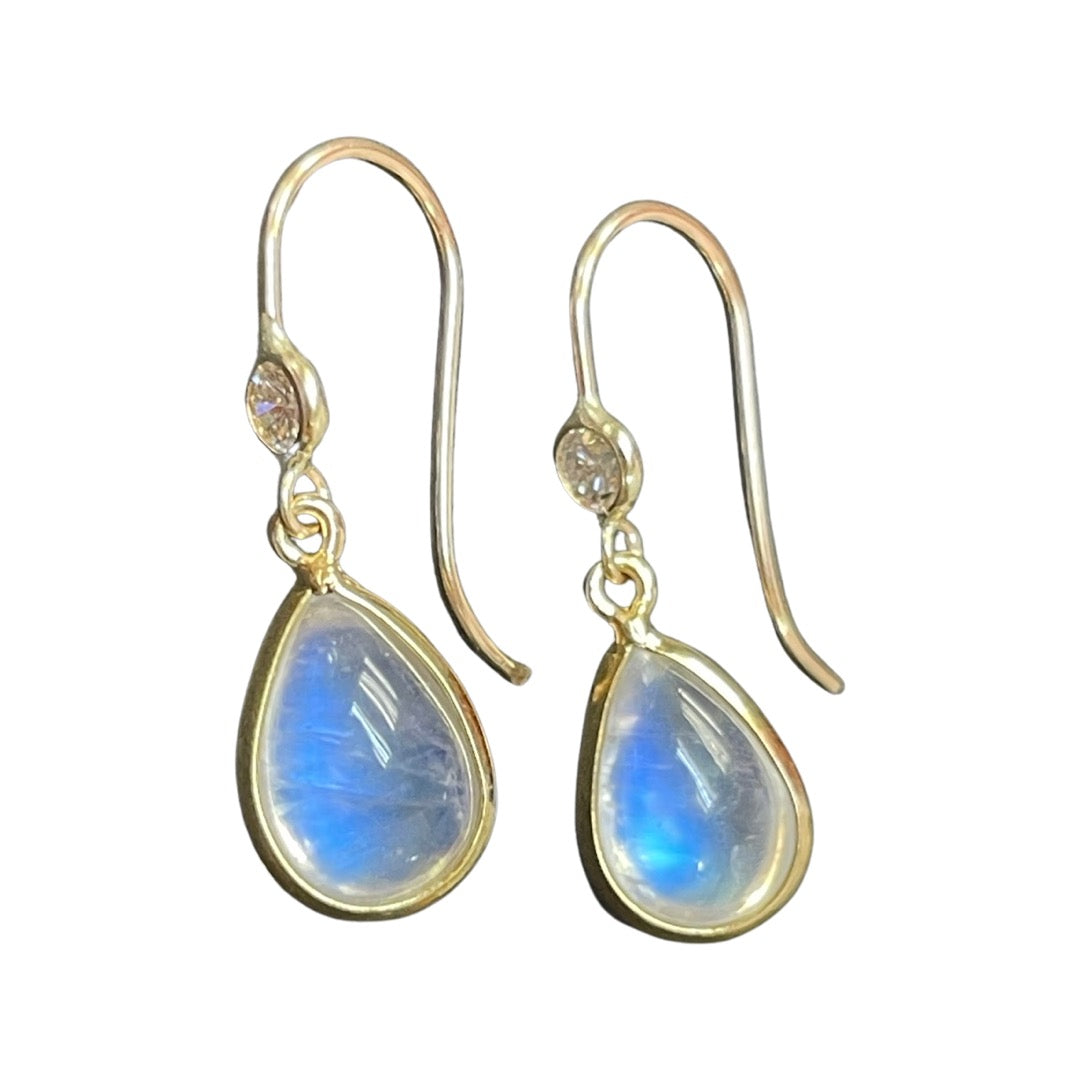 14K Yellow Gold Moonstone & Diamond Dangling Earring .85"