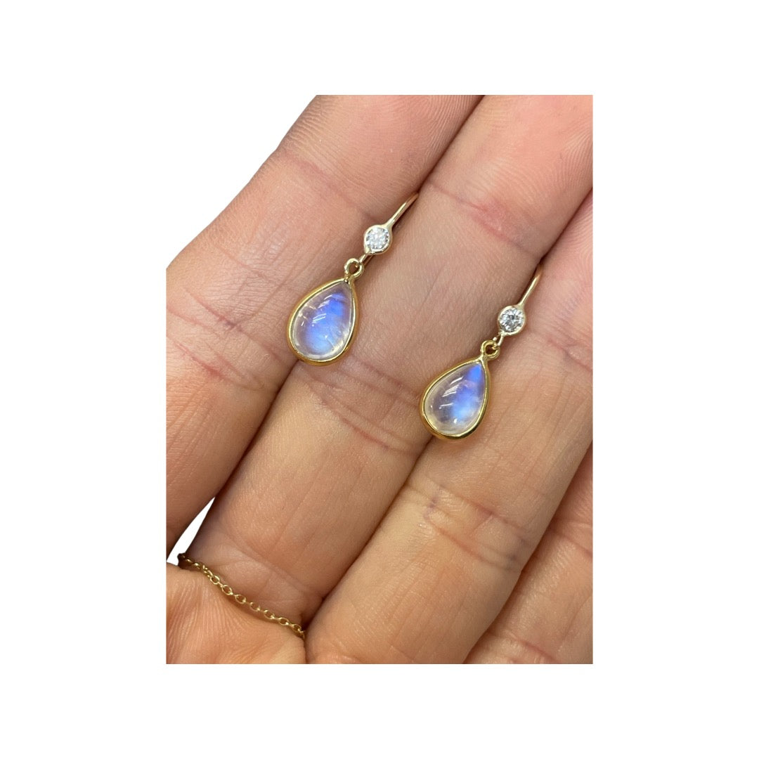 14K Yellow Gold Moonstone & Diamond Dangling Earring .85"