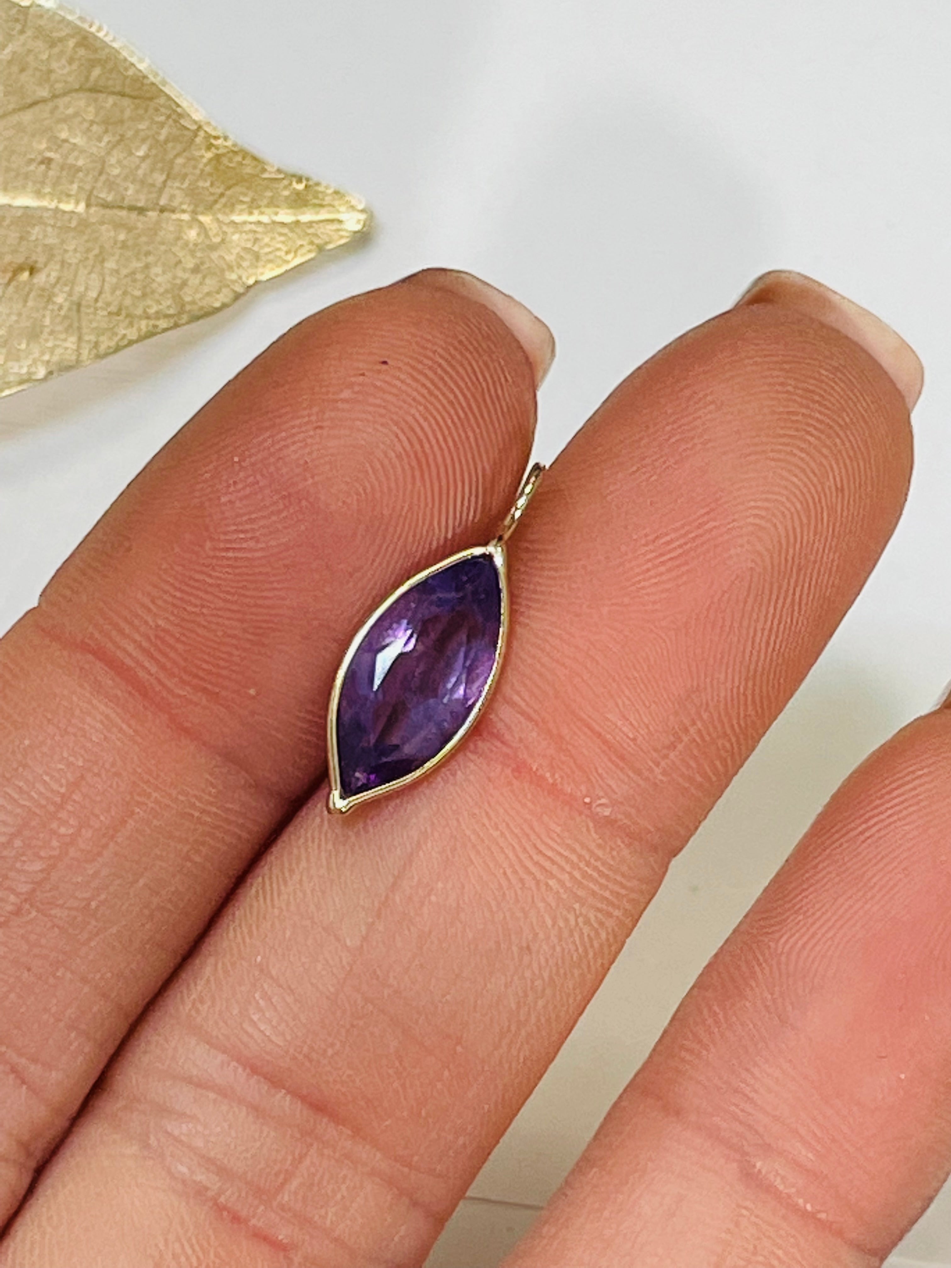 1.4CT Amethyst Marquis 14K Yellow Gold Pendant Charm 18x7mm