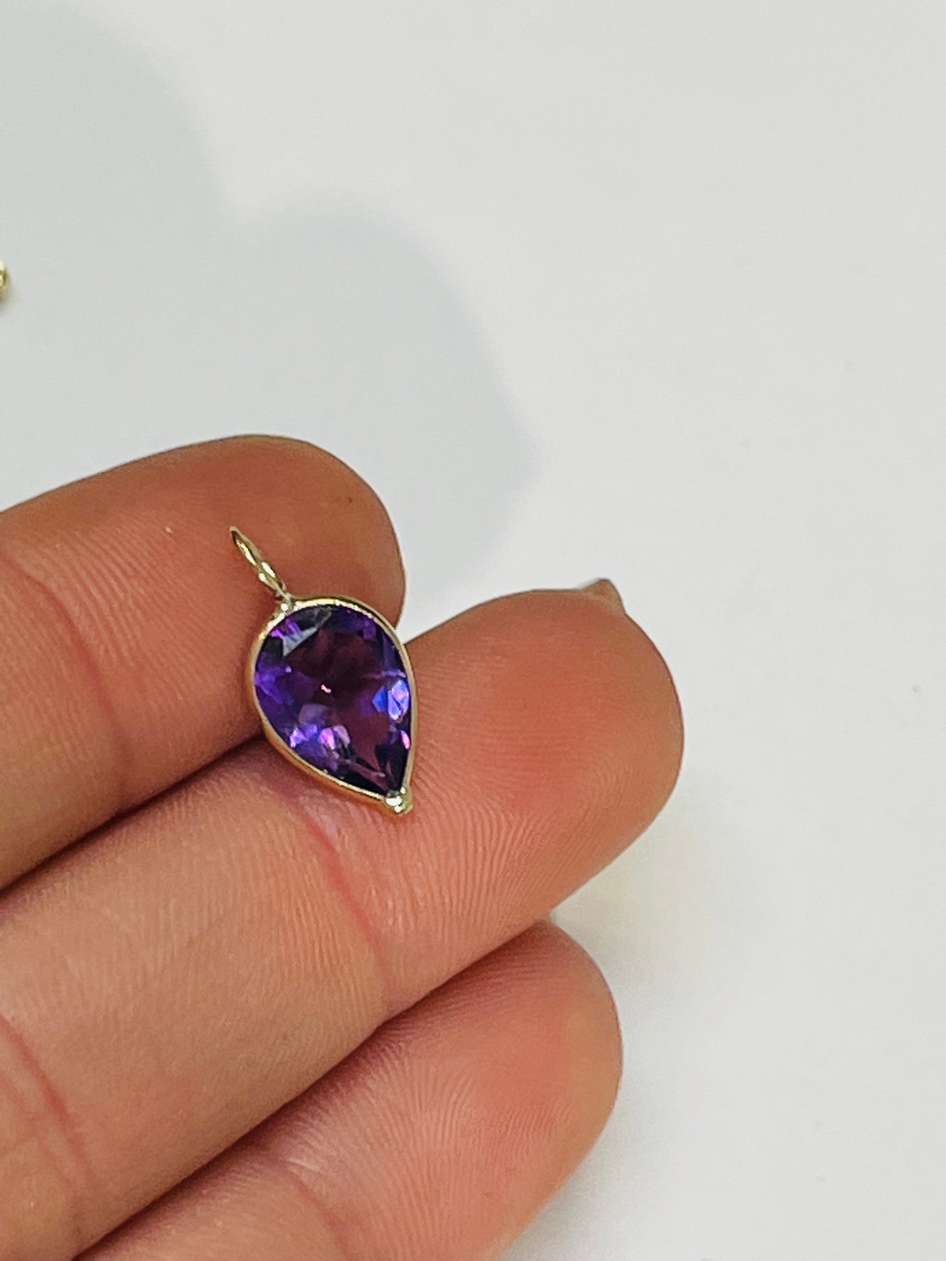 1.7CT Vivid Purple Amethyst Pear 14K Yellow Gold Pendant Charm 15x8mm
