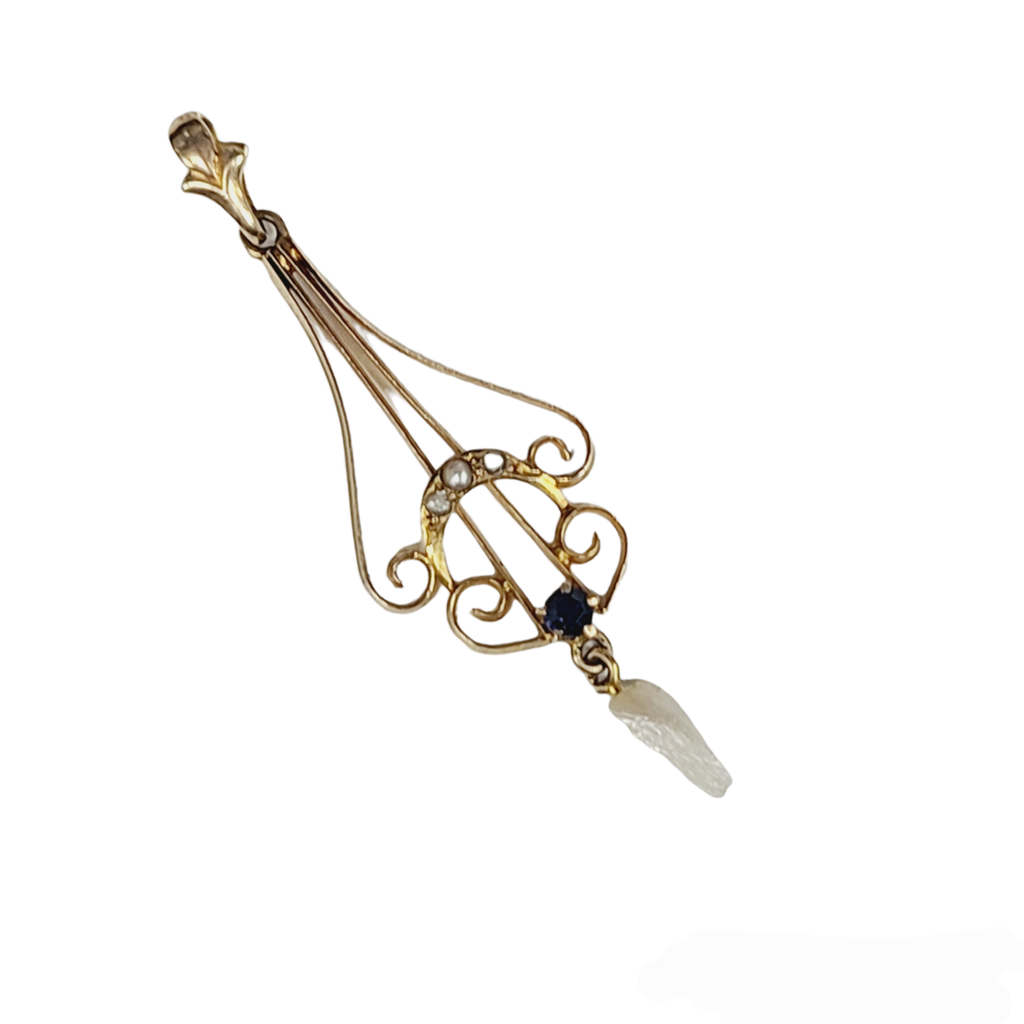 10K Yellow Gold Sapphire and River Pearl Lavaliere Pendant