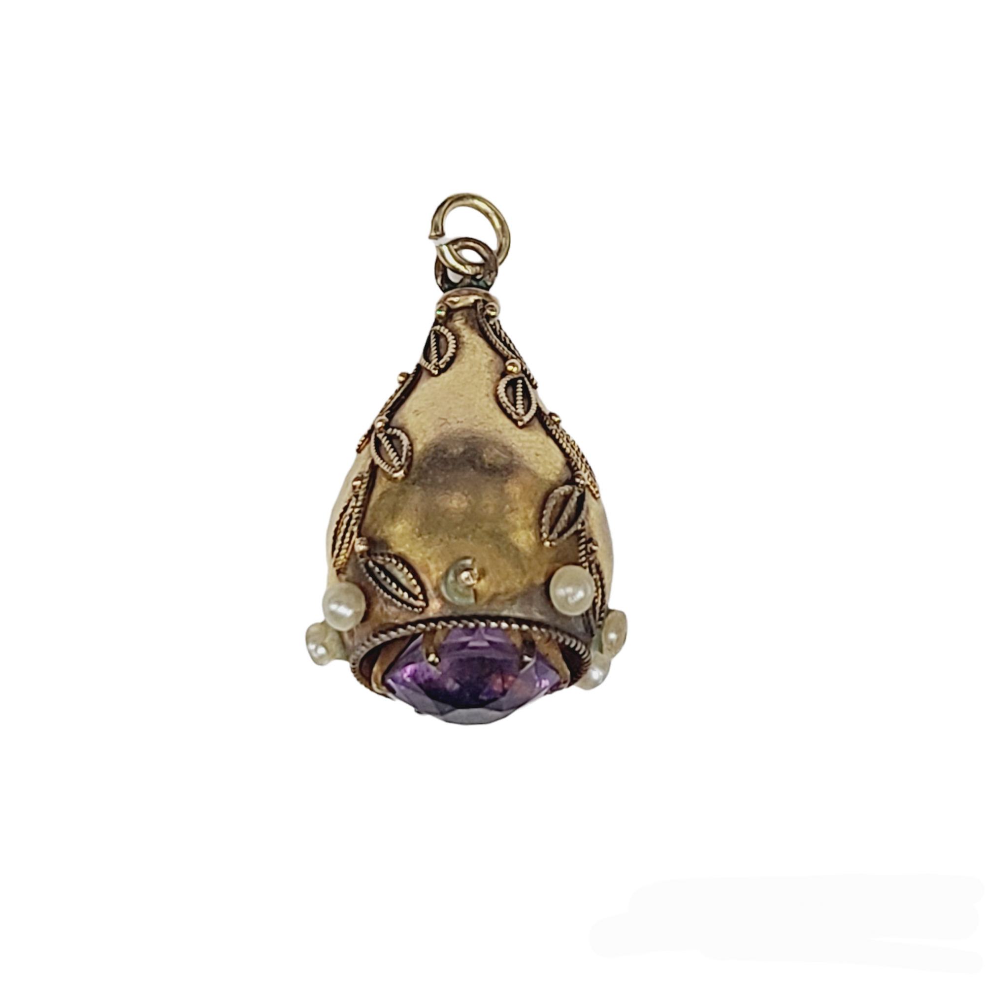18K Gold Pearl and Amethyst Fob Charm Pendant