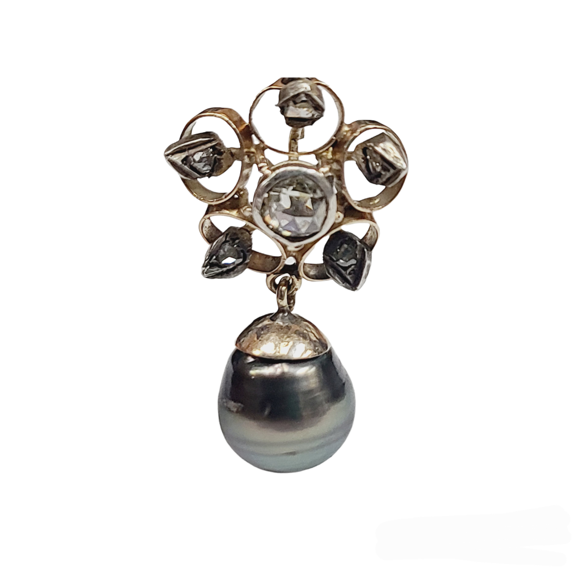 Antique Georgian 14K Yellow Gold Grey Pearl Rose Cut Diamonds Pendant Slide 1.5 x .80"