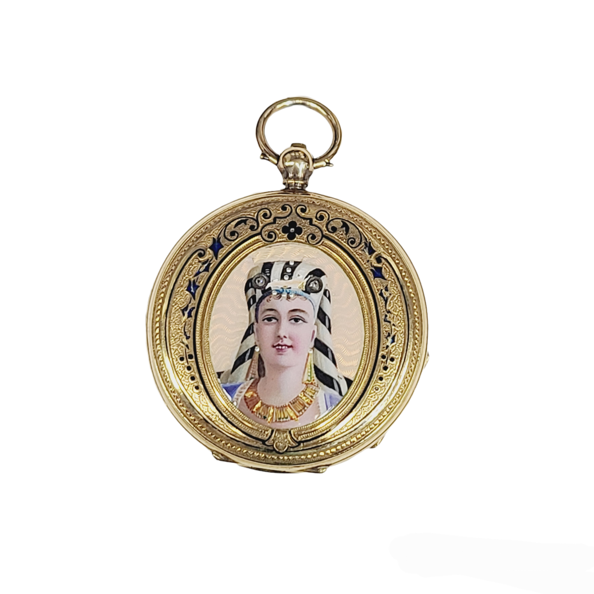 18K Gold Antique Enamel Egyptian Lady Pocket Watch