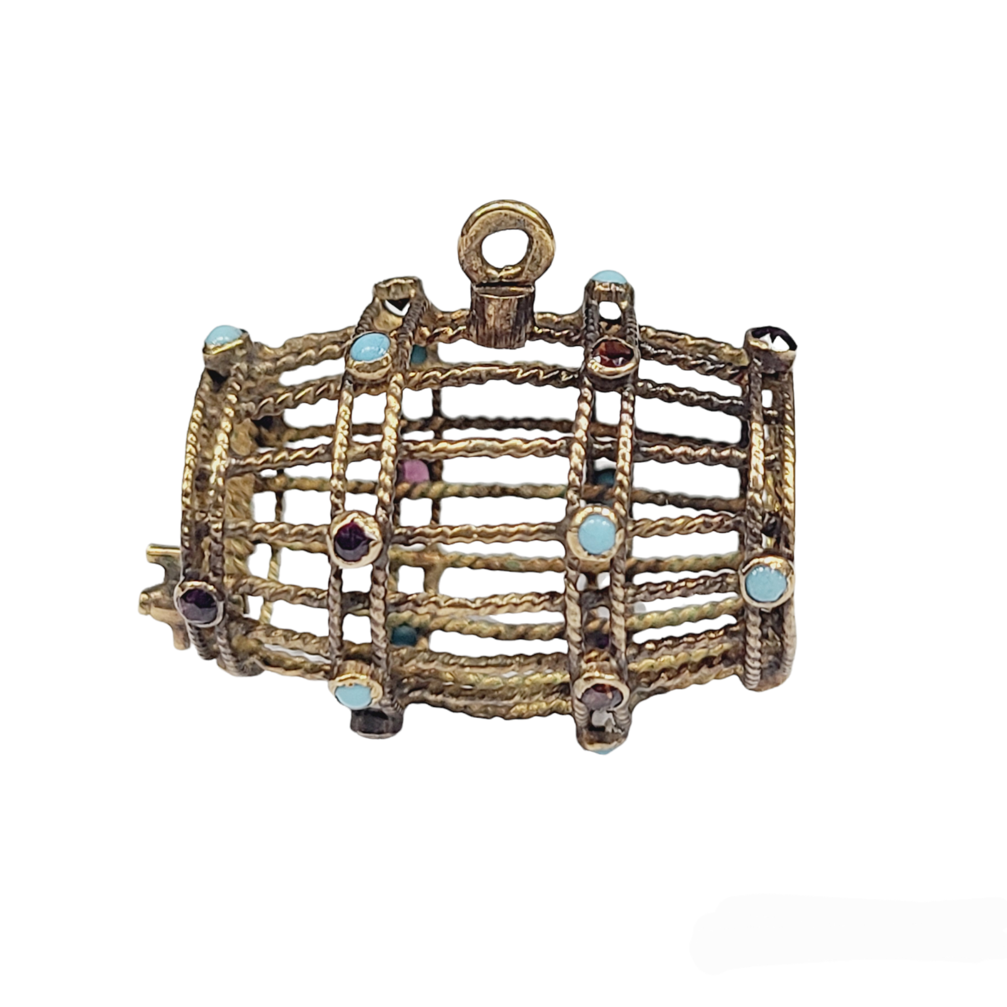14K Rose Gold Garnet and Turquoise Large Antique Barrell Charm