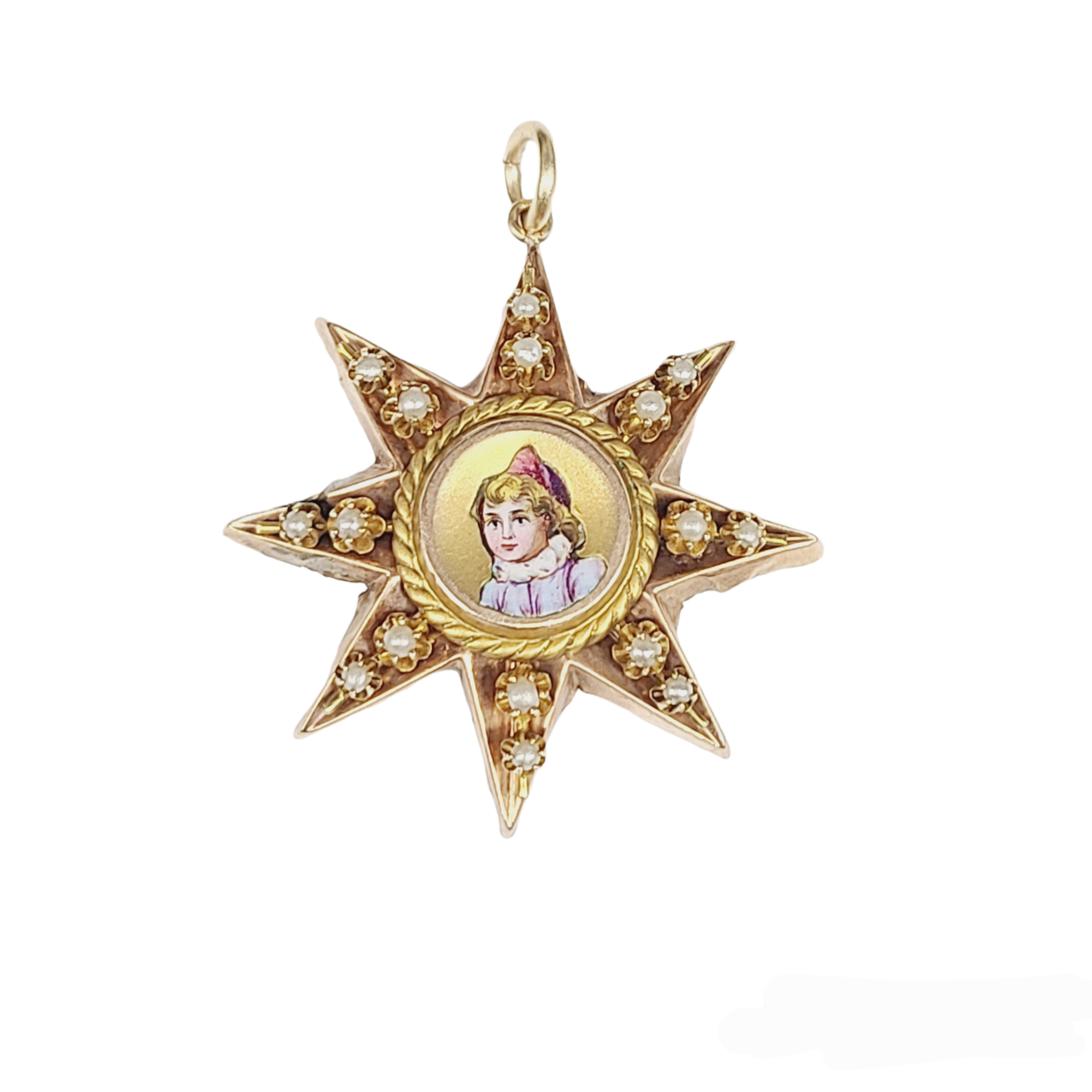 18K Gold Antique Enamel Portrait Star with Seed Pearls