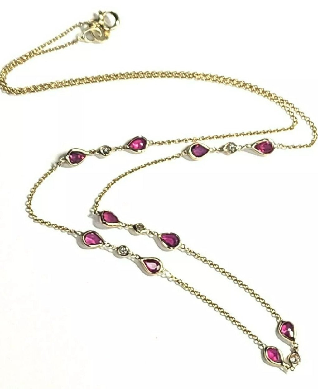 Gorgeous 14K Yellow Gold Pear Ruby and Diamond by the Yard Necklace 16"