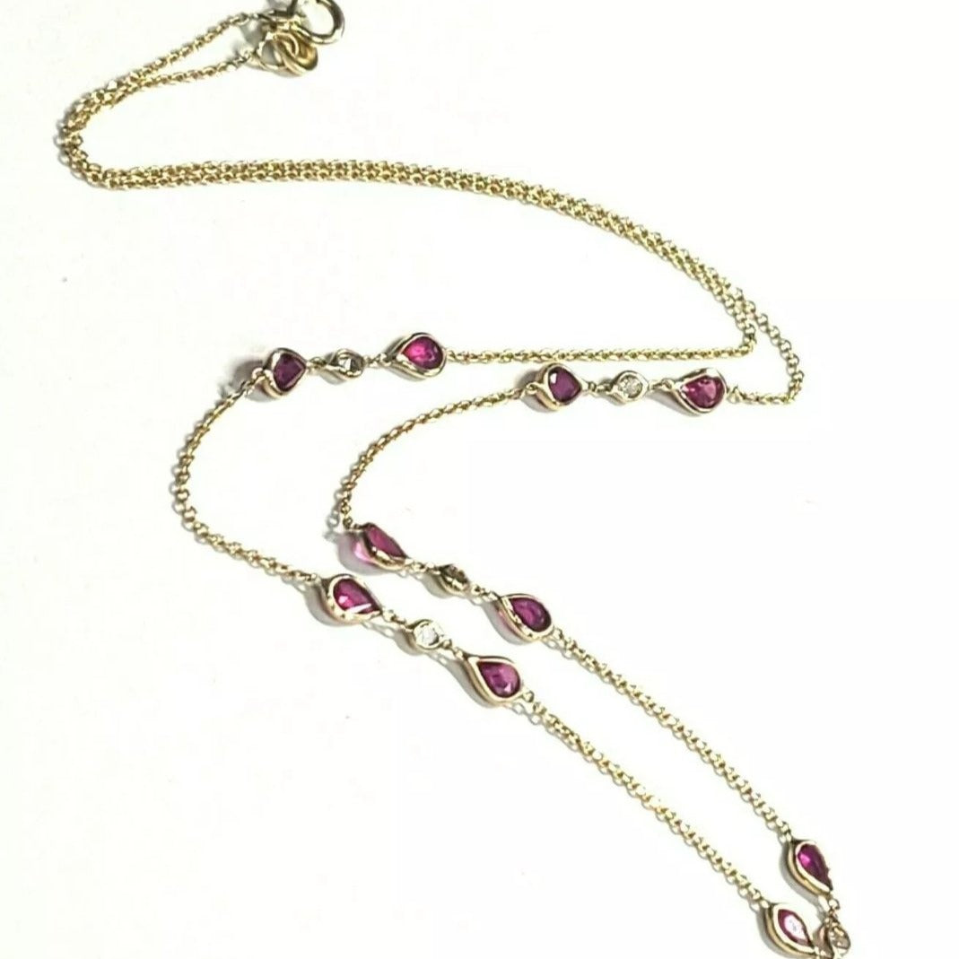 Gorgeous 14K Yellow Gold Pear Ruby and Diamond by the Yard Necklace 16"