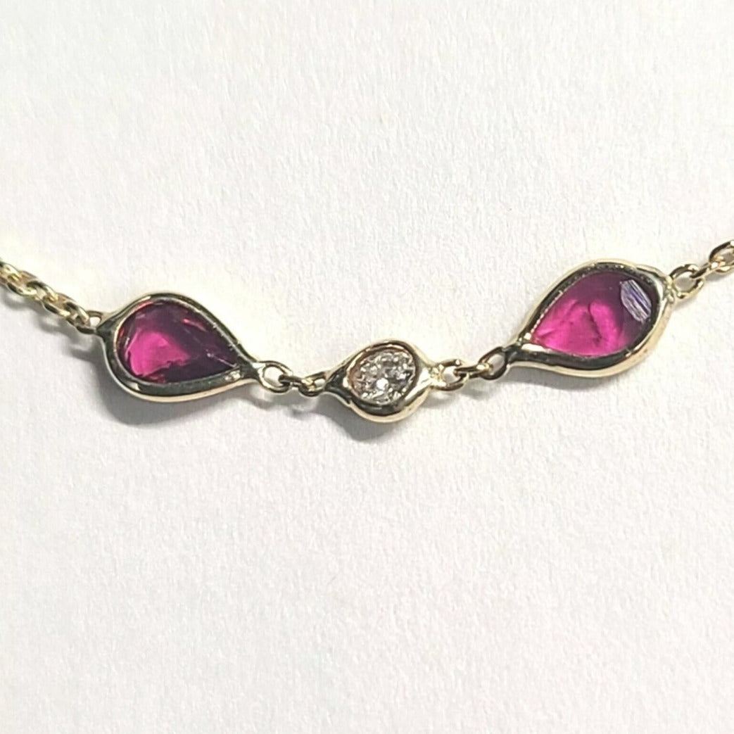 Gorgeous 14K Yellow Gold Pear Ruby and Diamond by the Yard Necklace 16"