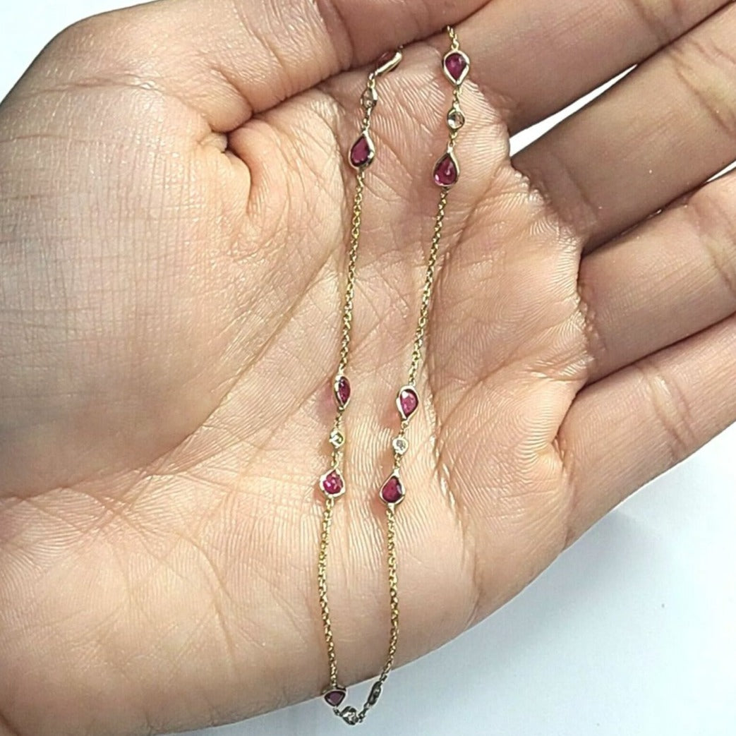 Gorgeous 14K Yellow Gold Pear Ruby and Diamond by the Yard Necklace 16"