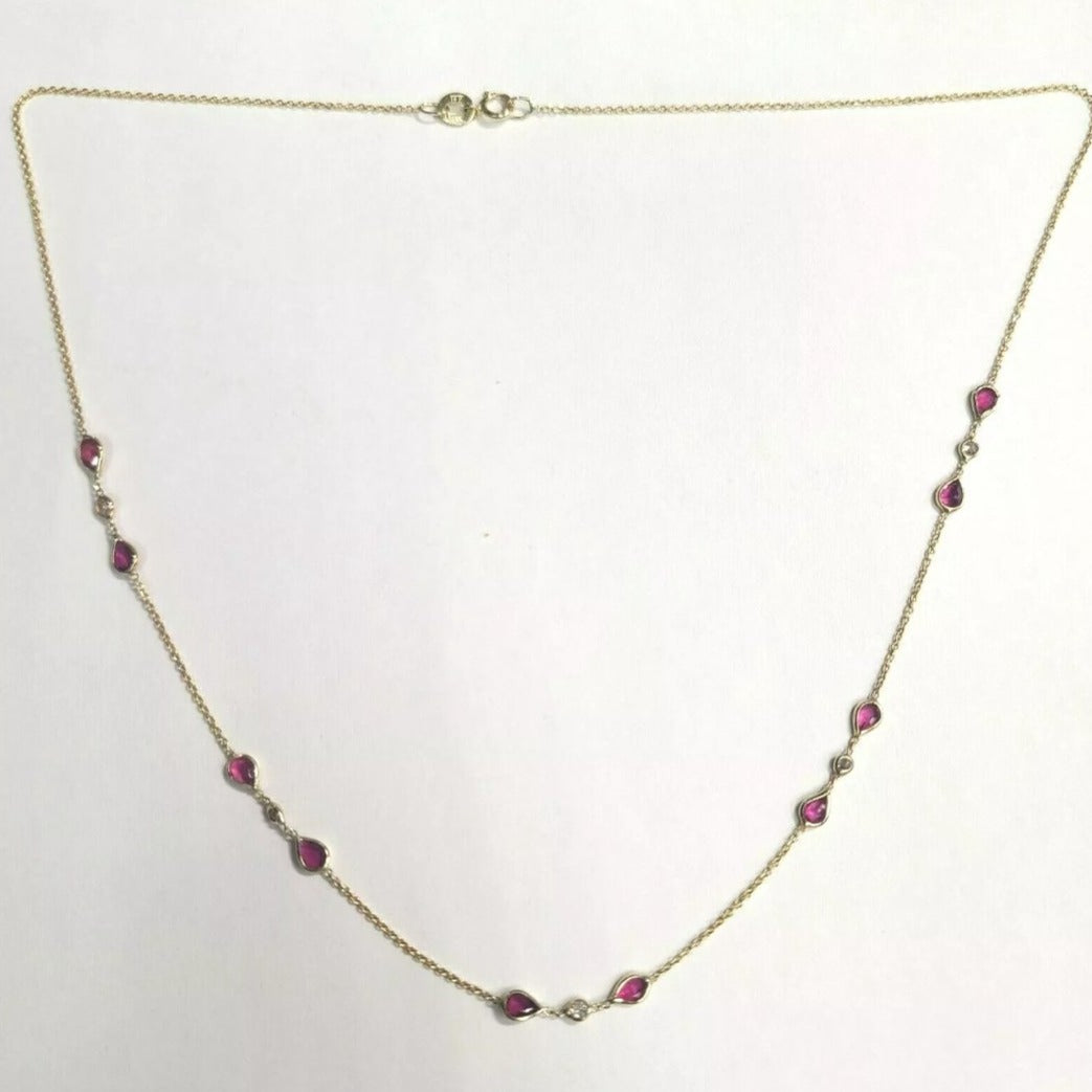Gorgeous 14K Yellow Gold Pear Ruby and Diamond by the Yard Necklace 16"