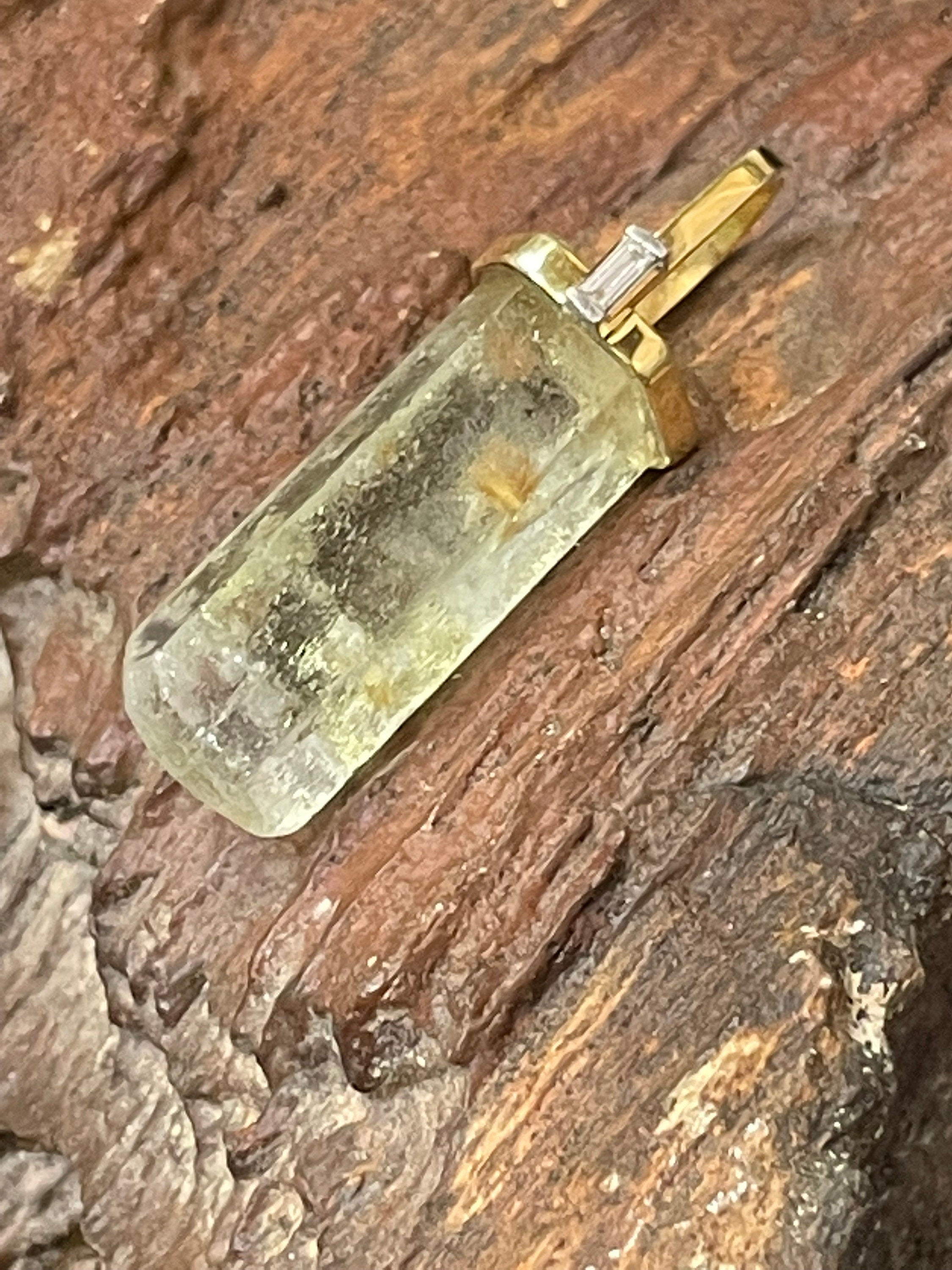 Solid 14K Yellow Gold Natural Rough Aquamarine and Baguette Diamond Pendant Charm