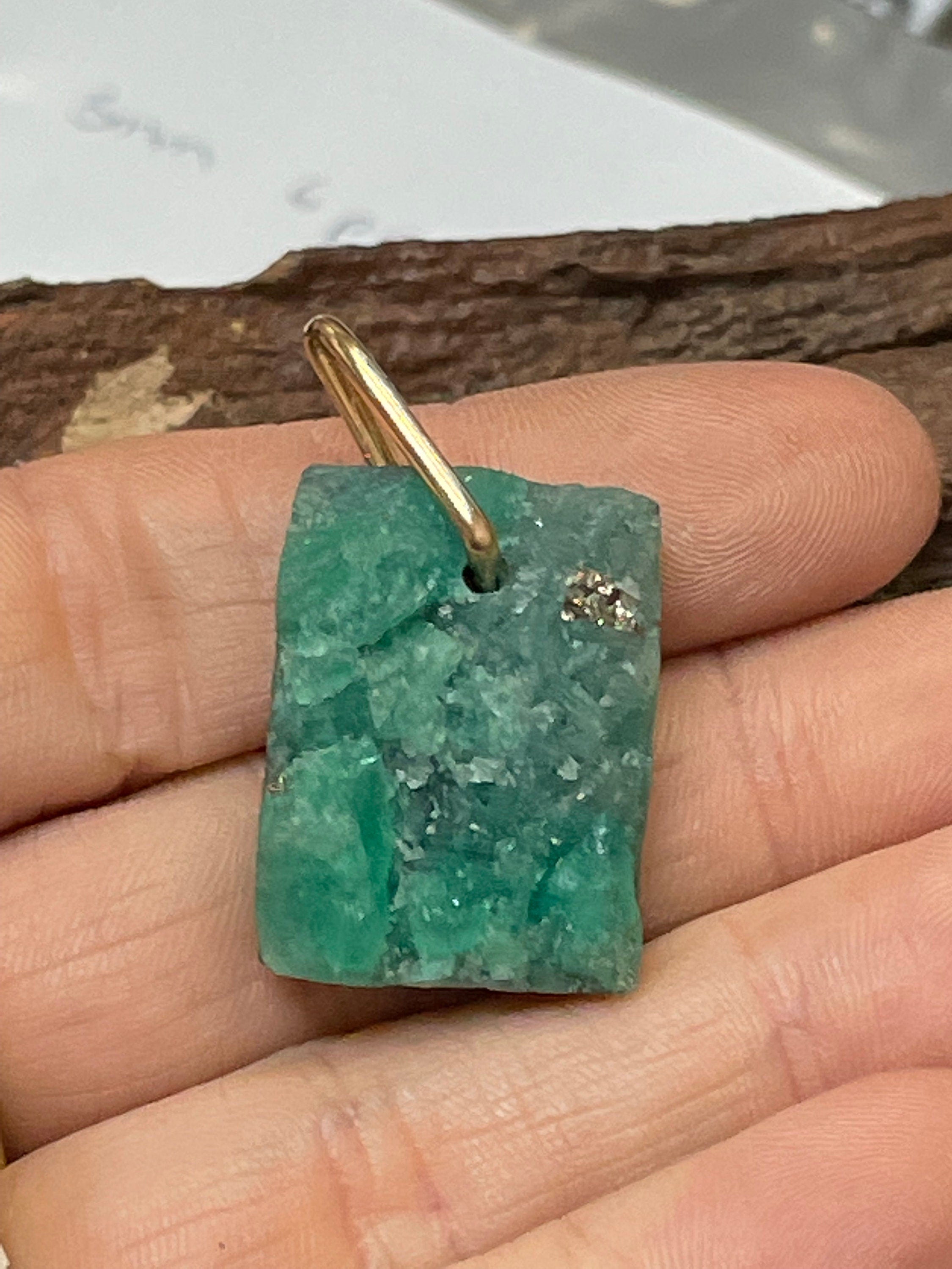 Solid 14K Yellow Gold Natural Rough Emerald Matrix Pendant Charm