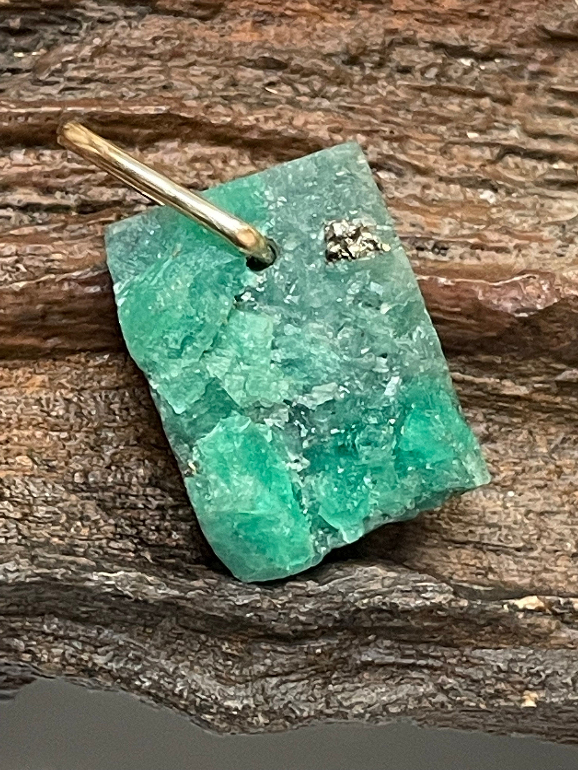 Solid 14K Yellow Gold Natural Rough Emerald Matrix Pendant Charm