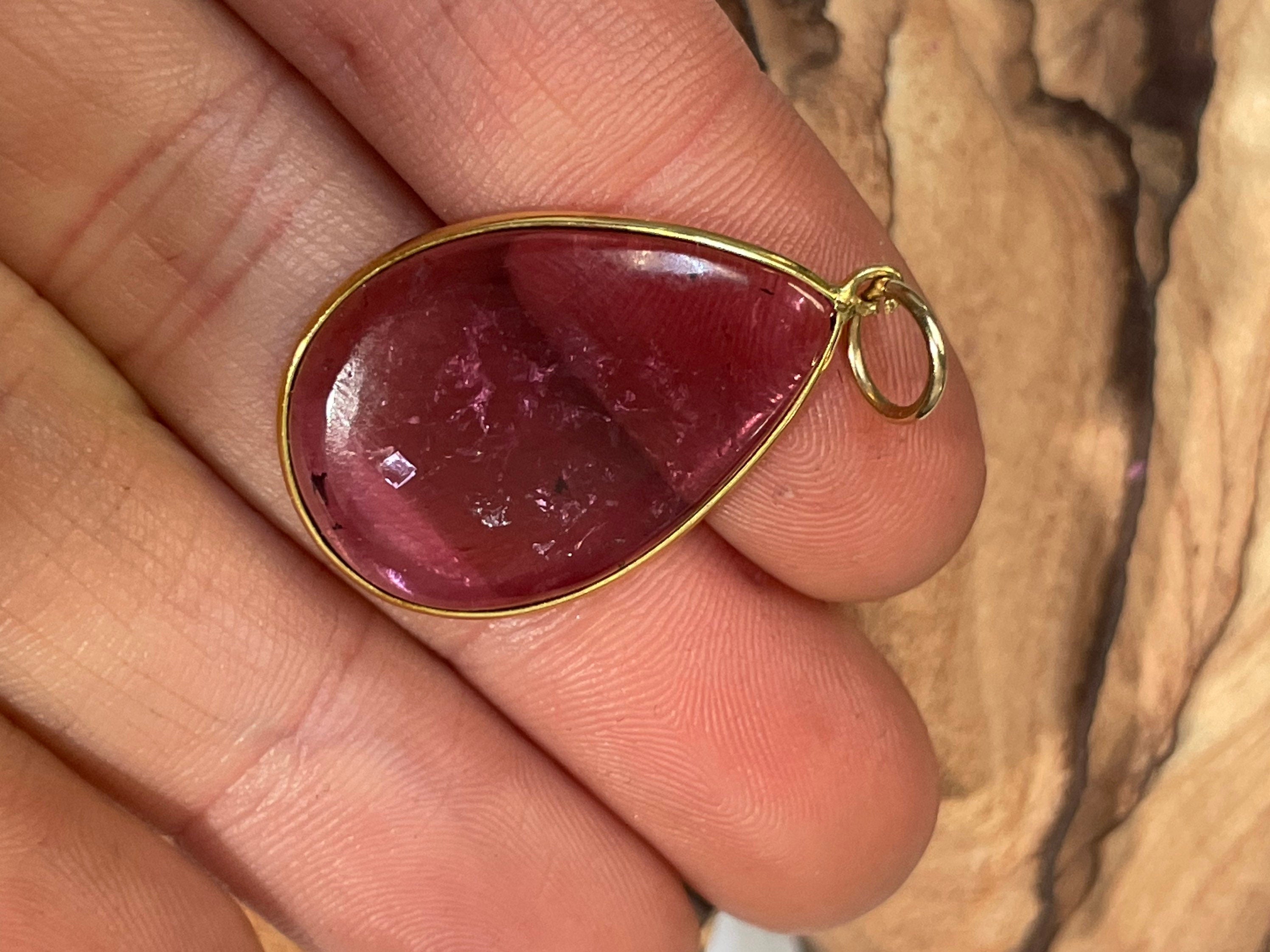 6CT Natural Purplish Fuccia Tourmaline Pear Shape in Solid 14K Yellow Gold Pendant Charm 25mm