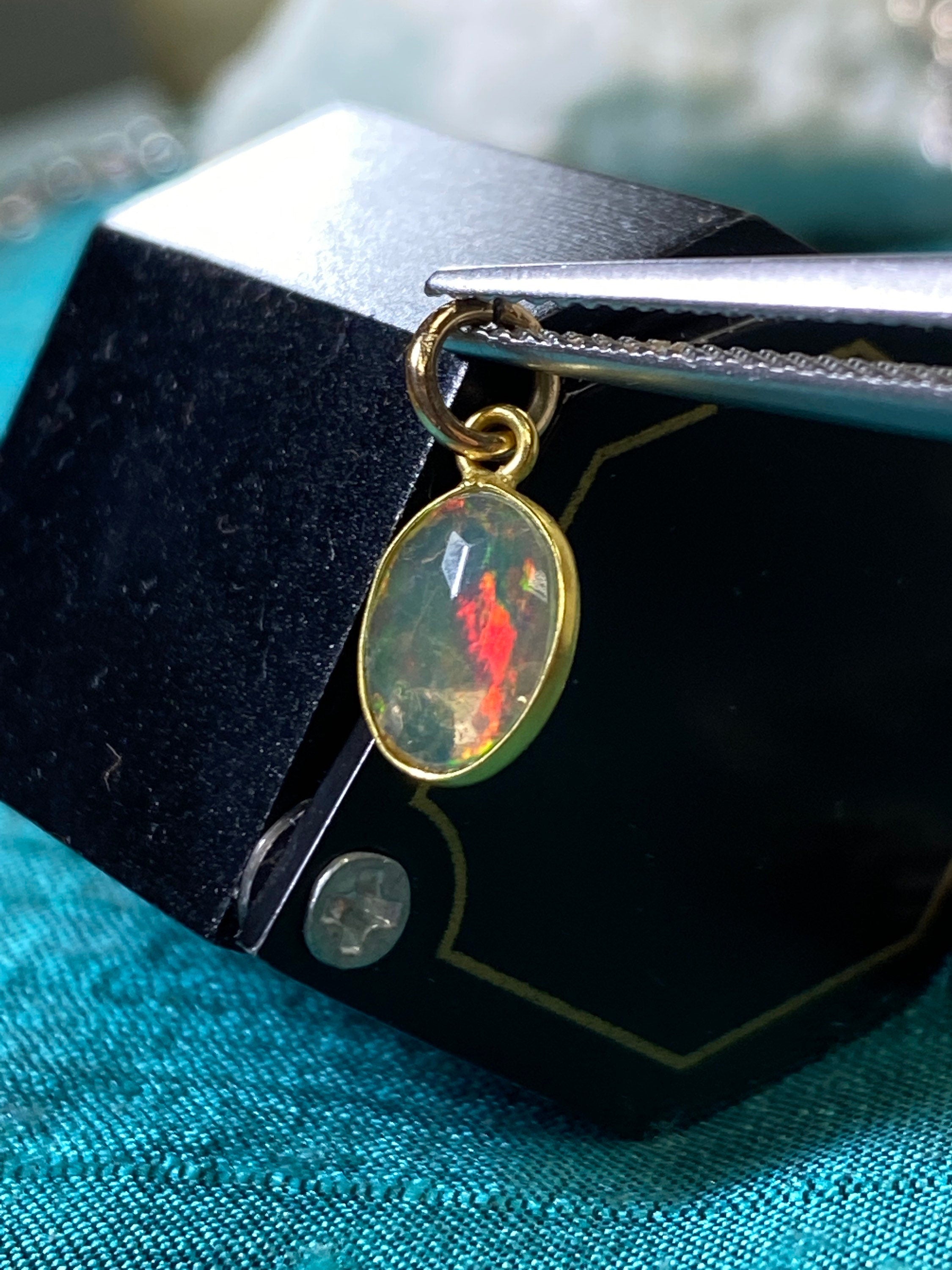 Shimmering Oval Water Opal Bezeled in Solid 14K Yellow Gold Pendant Charm 14x7mm