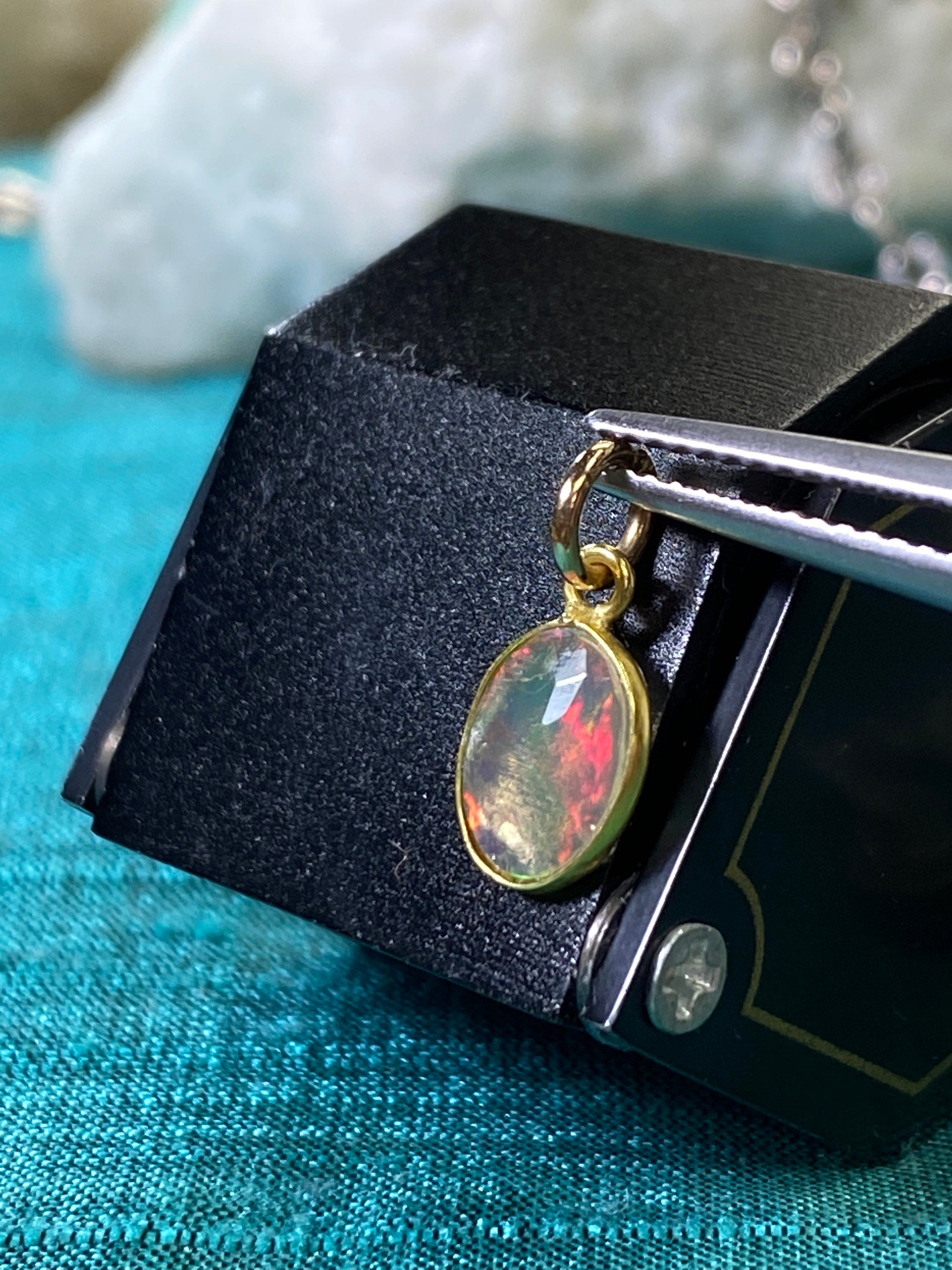 Shimmering Oval Water Opal Bezeled in Solid 14K Yellow Gold Pendant Charm 14x7mm