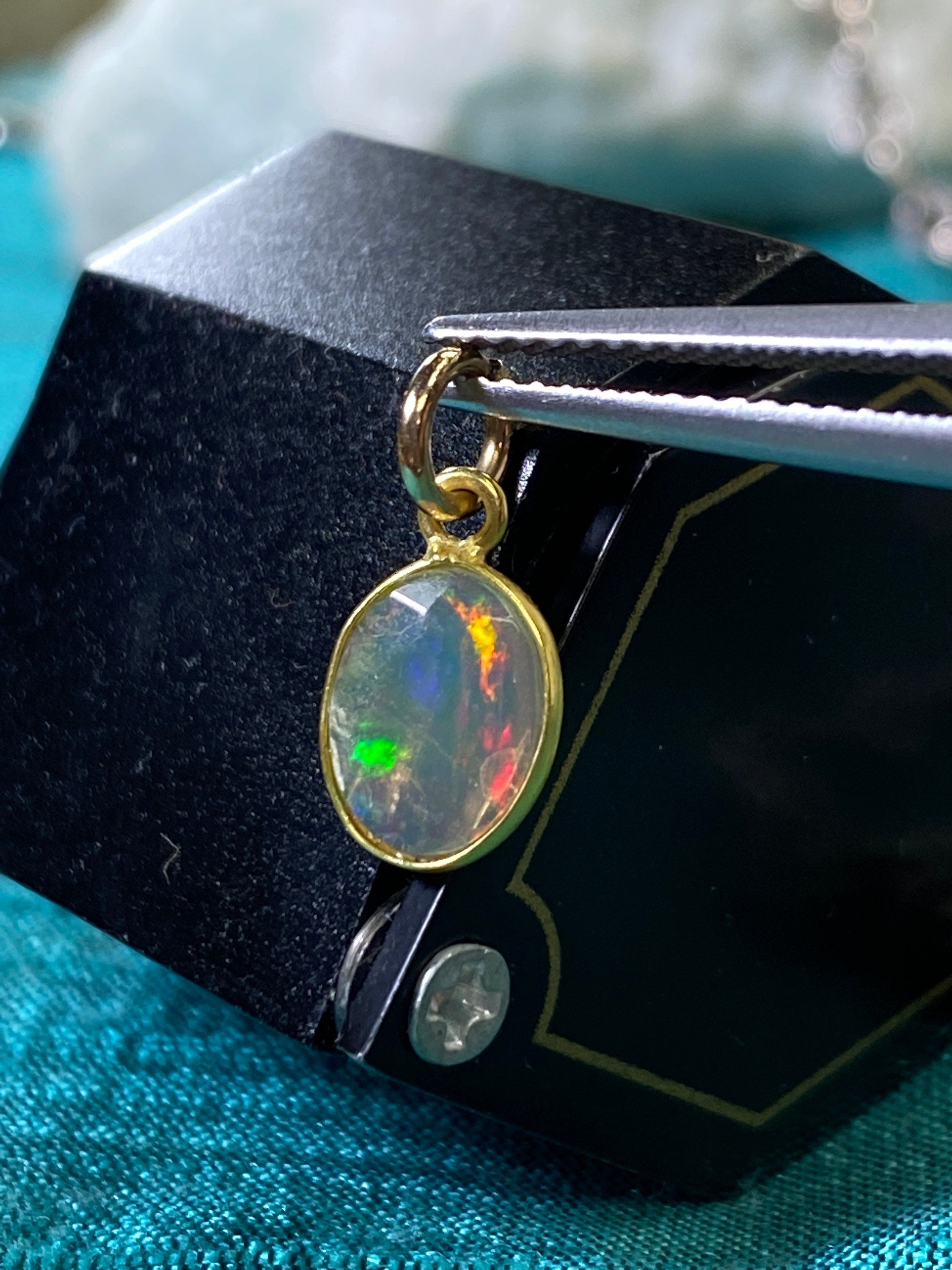 Shimmering Oval Water Opal Bezeled in Solid 14K Yellow Gold Pendant Charm 14x7mm