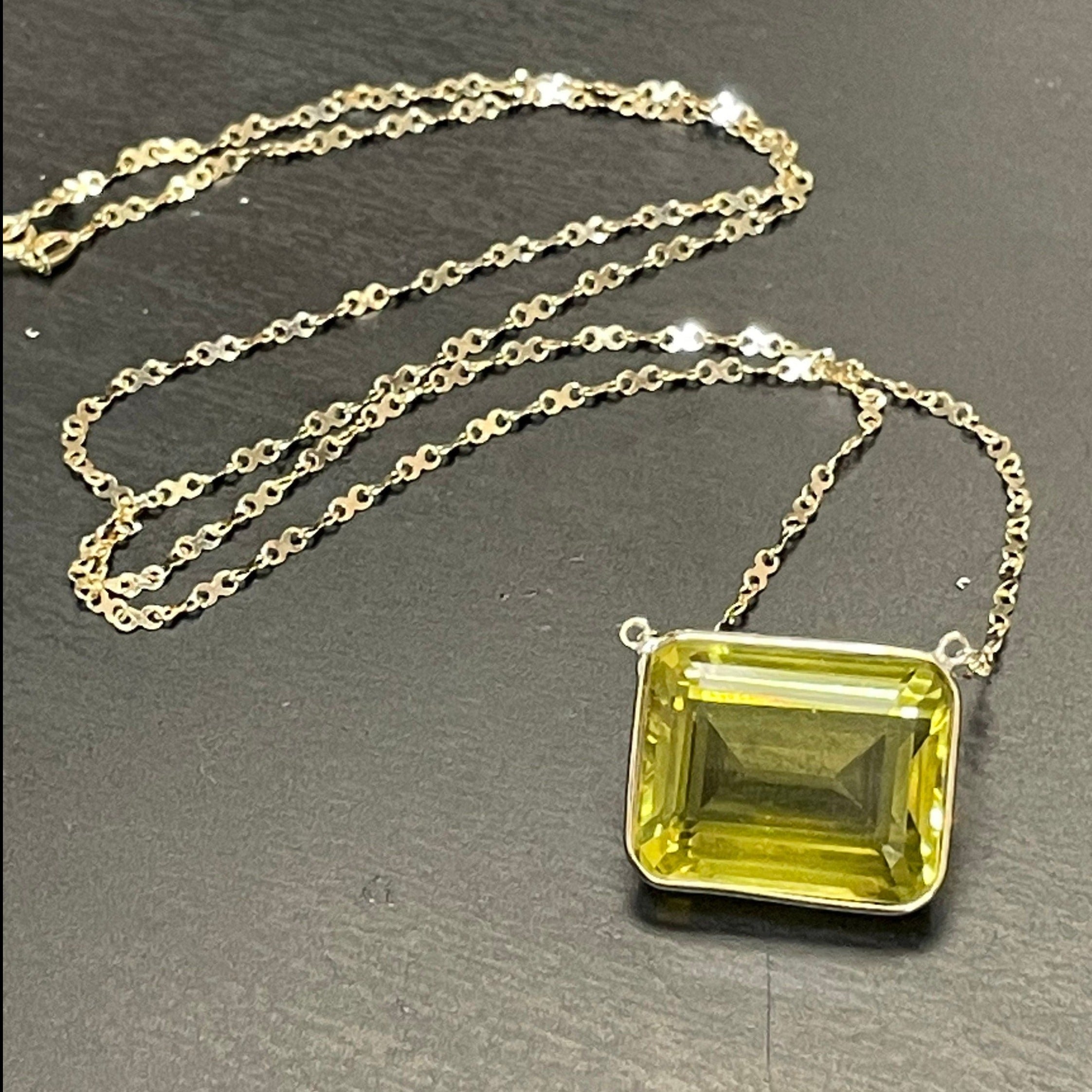 15CT Greenish Citrine Quartz 20" 14K Yellow Gold Fancy Link Necklace