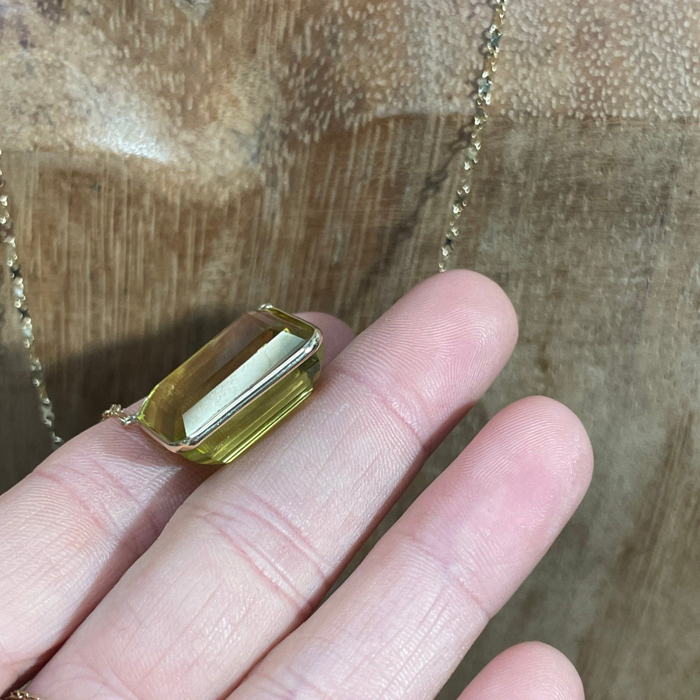 15CT Greenish Citrine Quartz 20" 14K Yellow Gold Fancy Link Necklace
