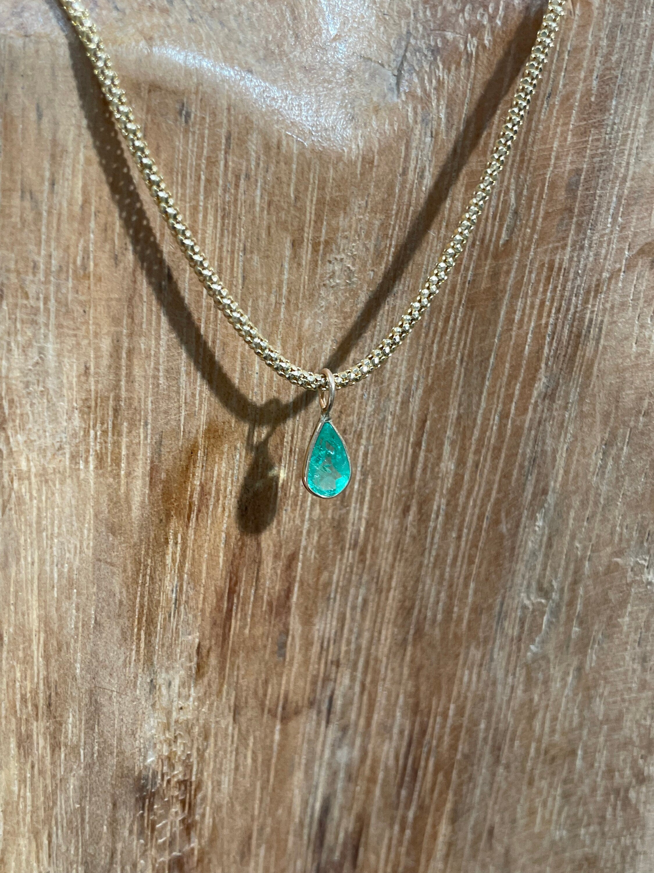 Shimmering! .65CT Natural Colombian Emerald 14K Yellow Gold Bezeled Charm Pendant OOAK 8x5mm