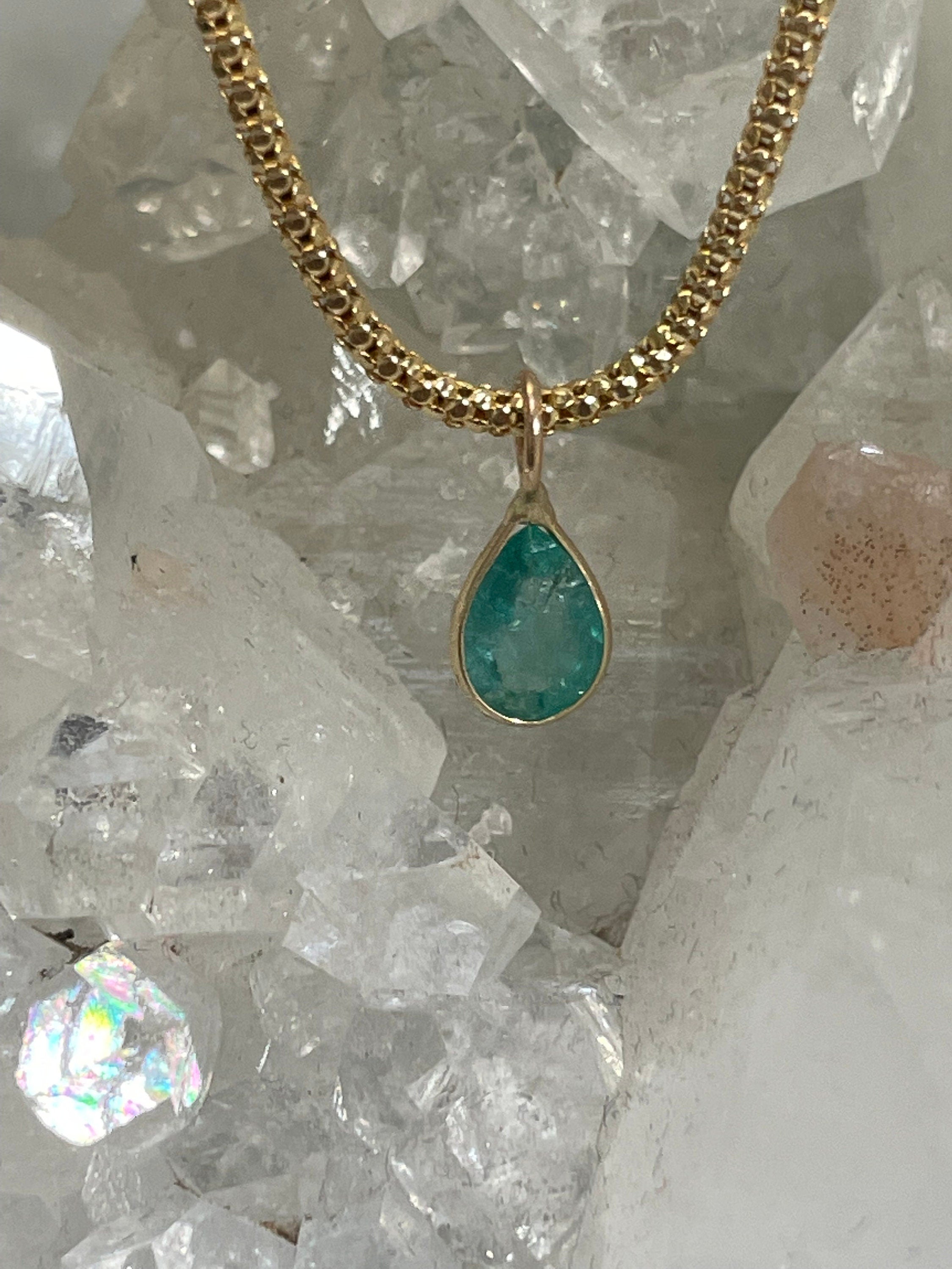 0.65CT Natural Colombian Emerald 14K Yellow Gold Bezeled Charm Pendant OOAK 7x5mm