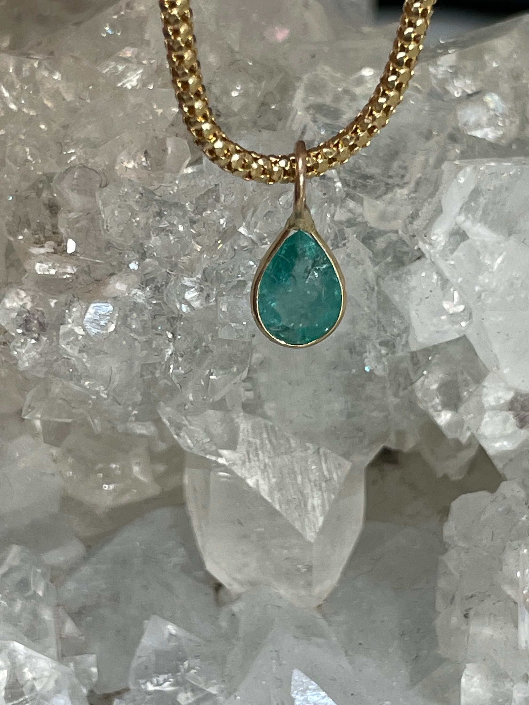 0.65CT Natural Colombian Emerald 14K Yellow Gold Bezeled Charm Pendant OOAK 7x5mm