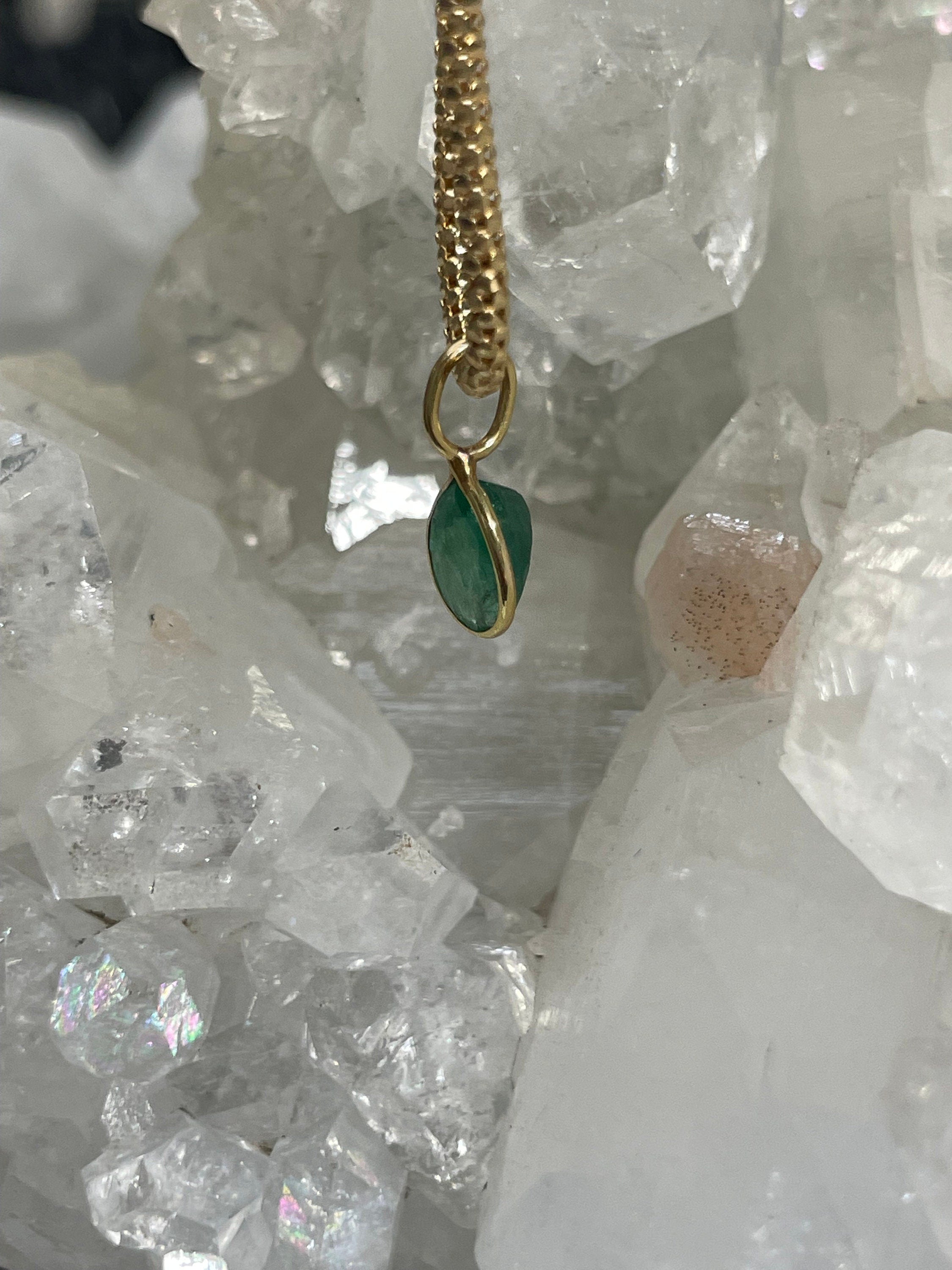 Shimmering! .65CT Natural Colombian Emerald 14K Yellow Gold Bezeled Charm Pendant OOAK 12x5mm