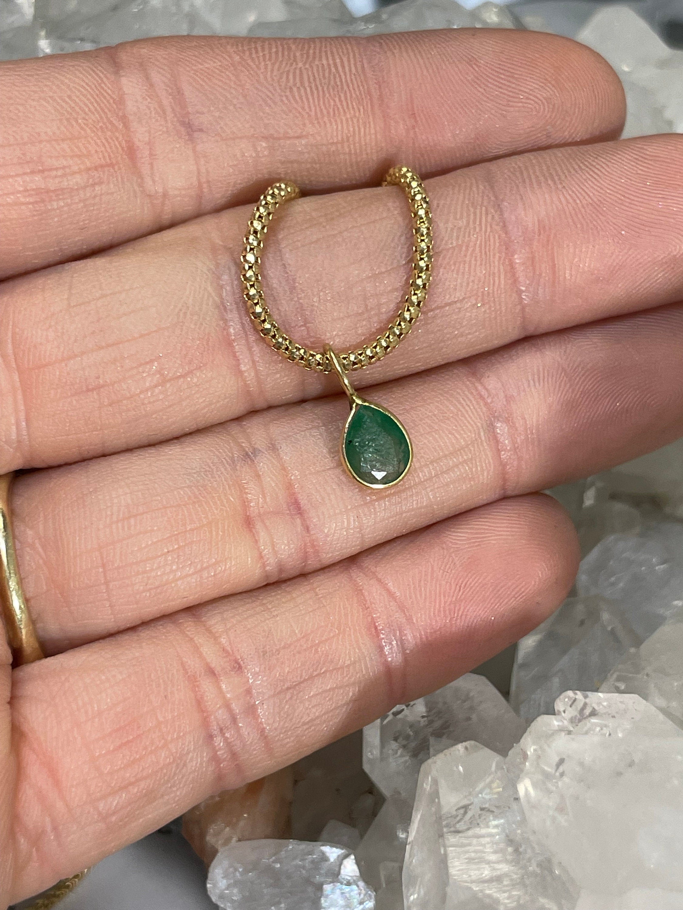 Shimmering! .65CT Natural Colombian Emerald 14K Yellow Gold Bezeled Charm Pendant OOAK 12x5mm