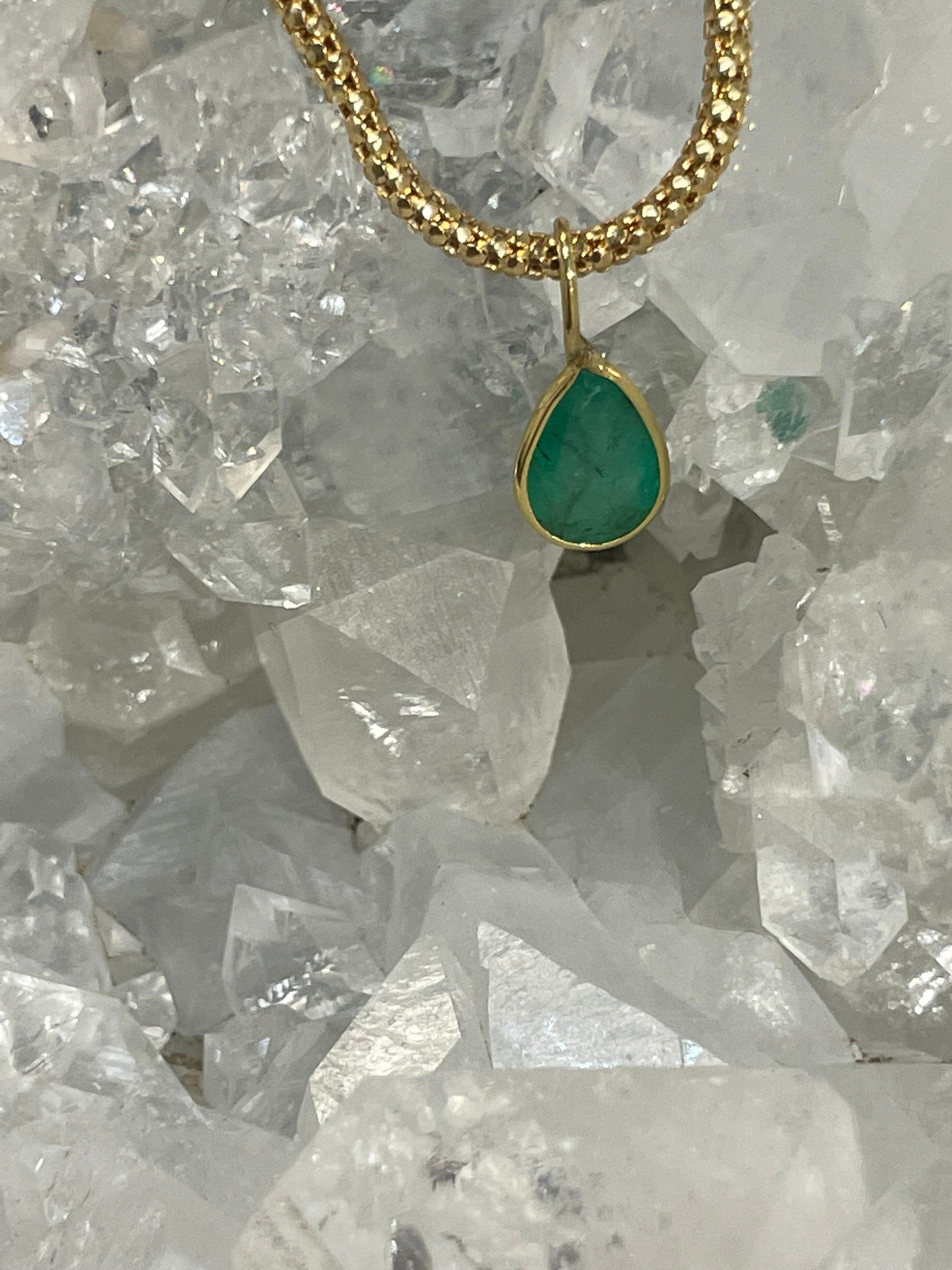 Shimmering! .67CT Natural Colombian Emerald 14K Yellow Gold Bezeled Charm Pendant OOAK 11x4mm