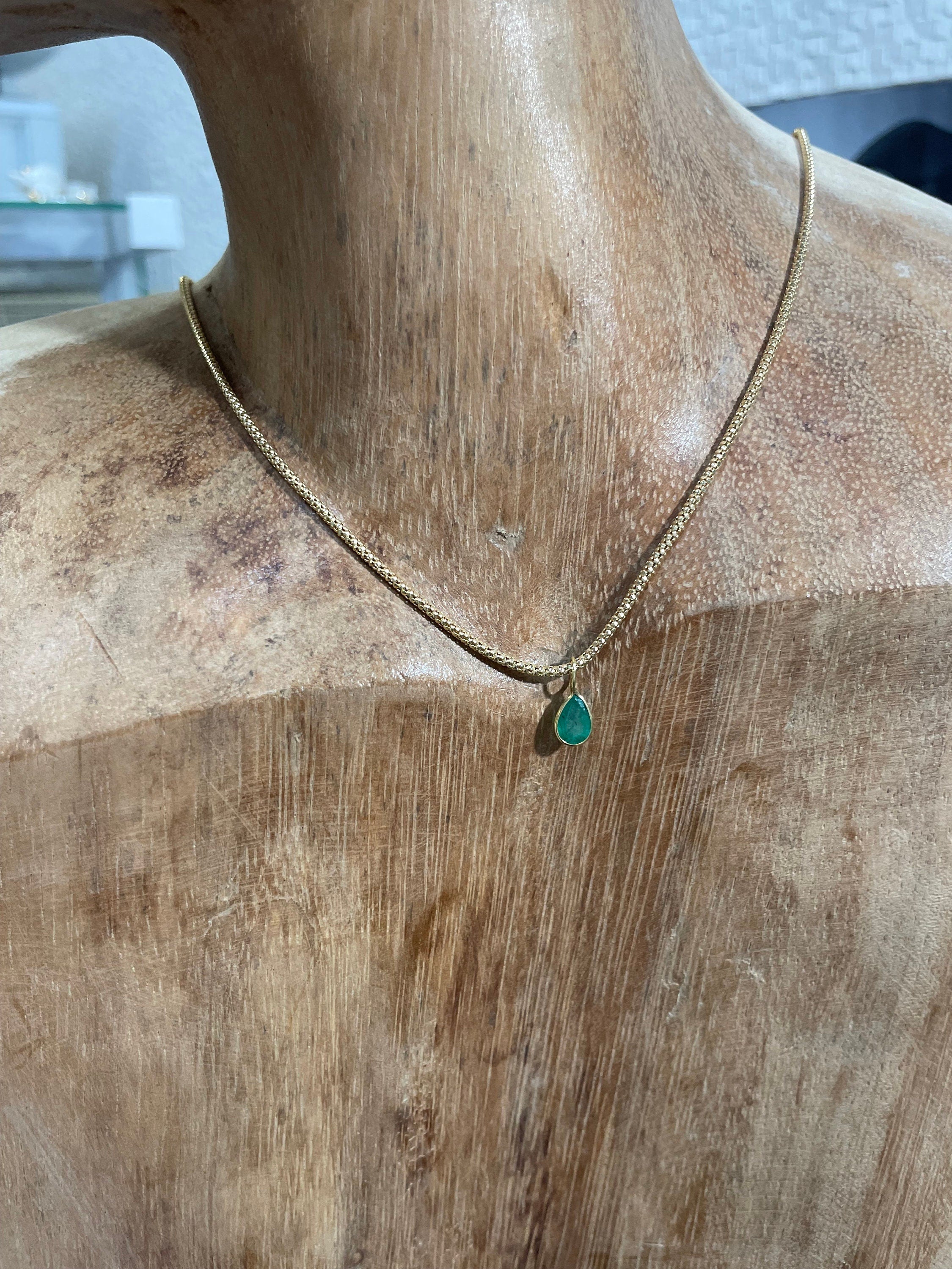 Shimmering! .67CT Natural Colombian Emerald 14K Yellow Gold Bezeled Charm Pendant OOAK 11x4mm
