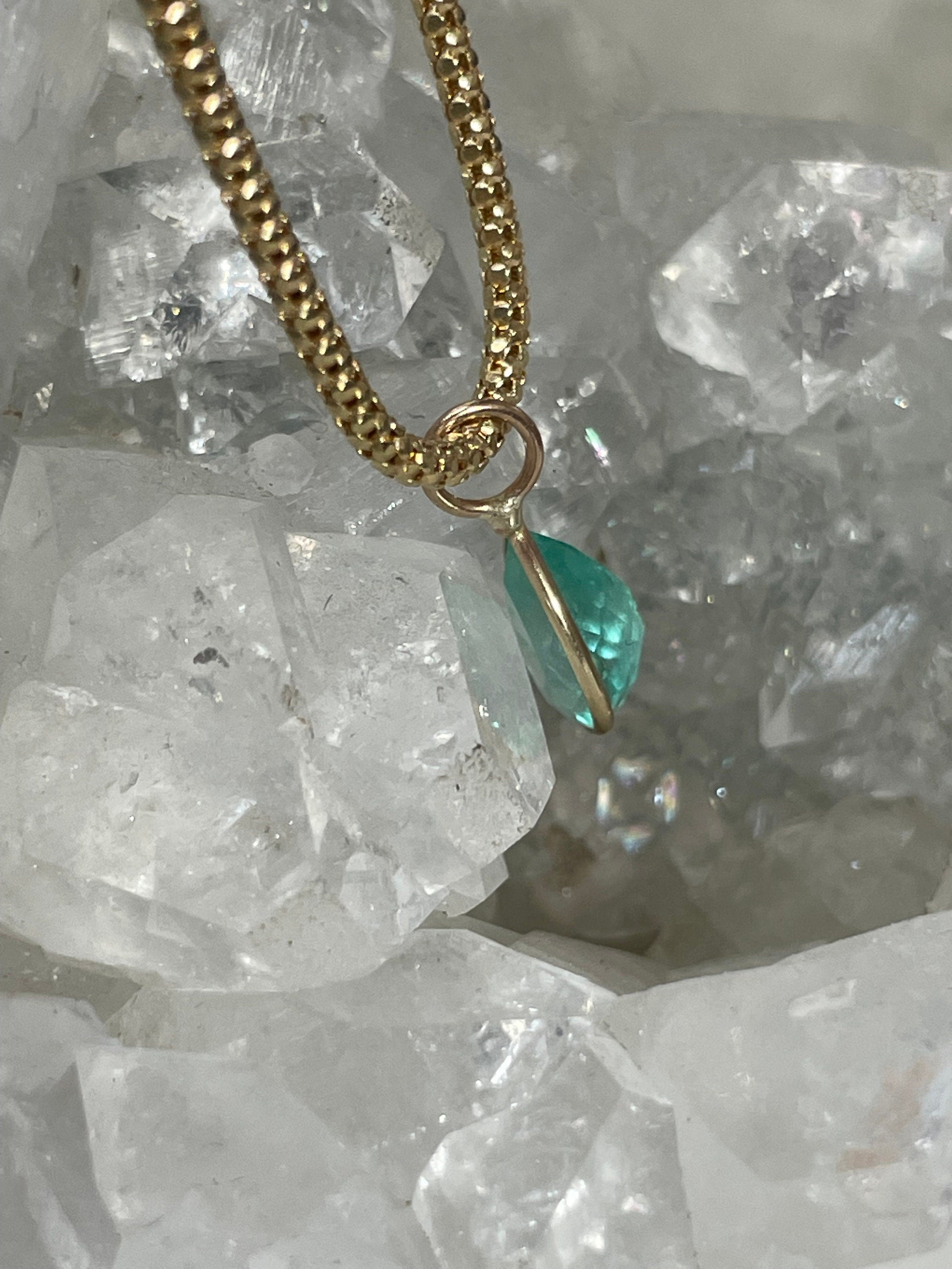Shimmering! 1CT Natural Colombian Emerald 14K Yellow Gold Bezeled Charm Pendant OOAK 14x6mm