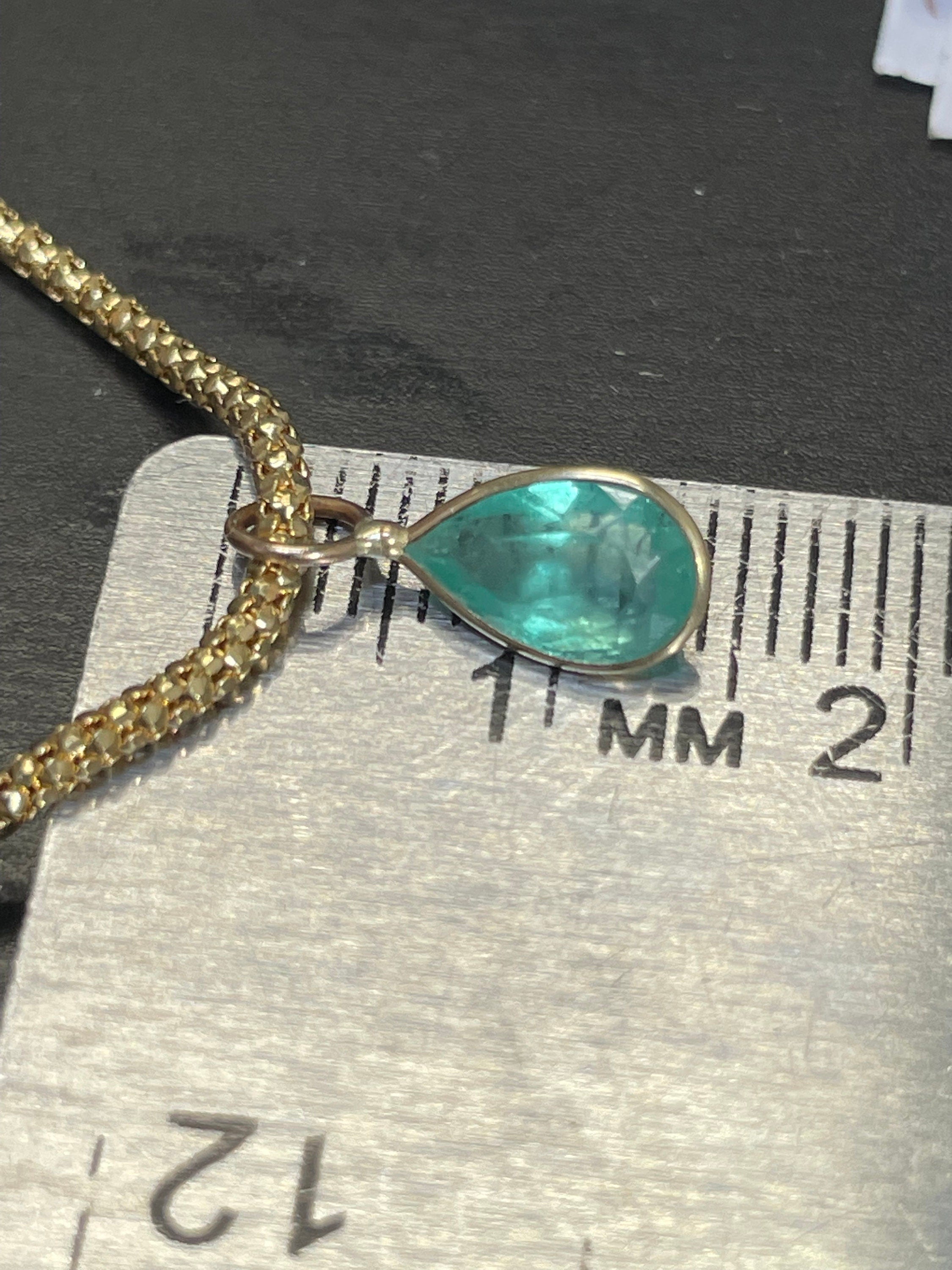 Shimmering! 1CT Natural Colombian Emerald 14K Yellow Gold Bezeled Charm Pendant OOAK 14x6mm