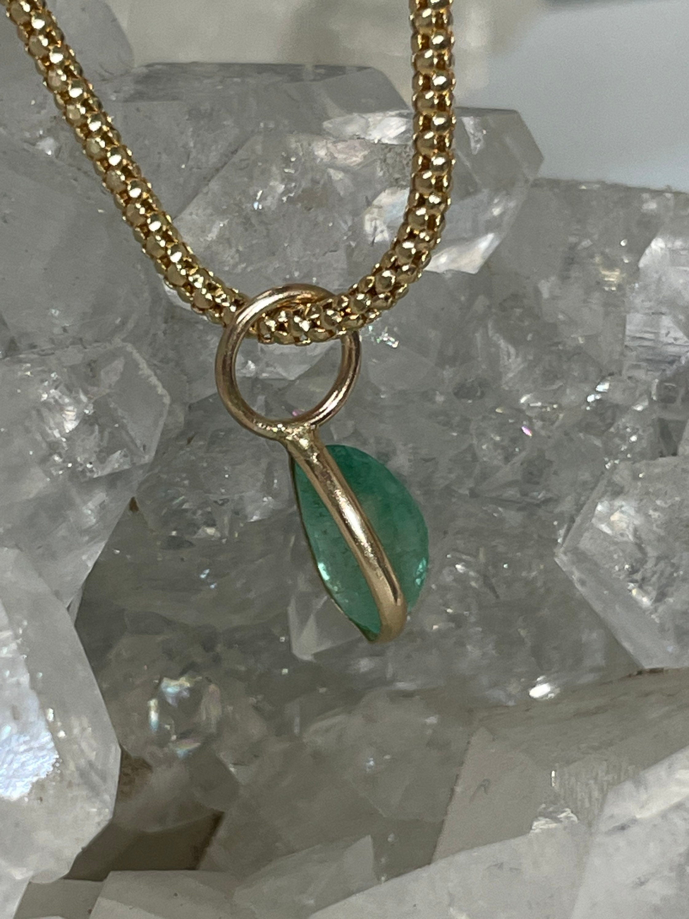 Shimmering! 1CT Natural Colombian Emerald 14K Yellow Gold Bezeled Charm Pendant OOAK 15X5mm
