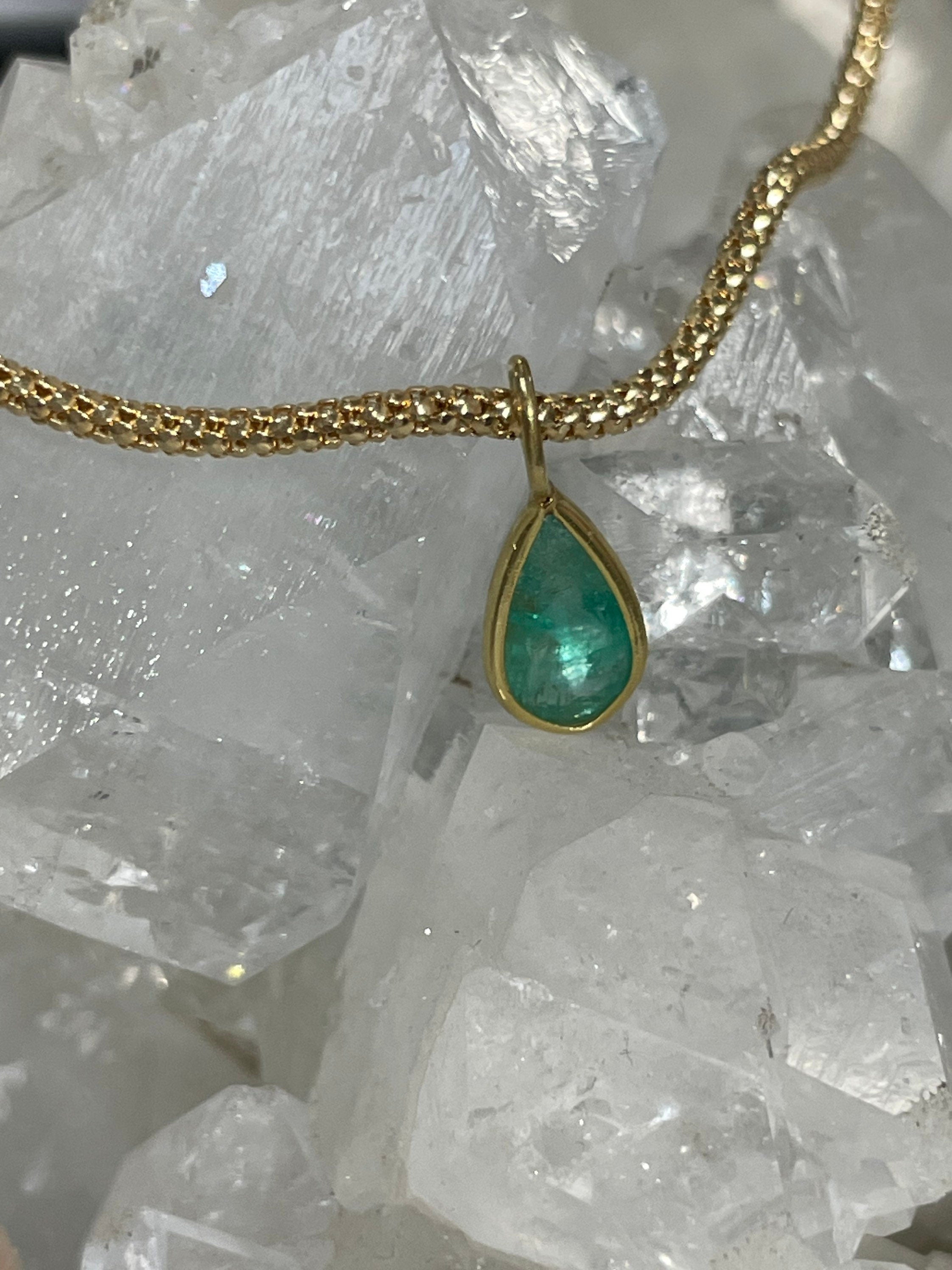 Shimmering! .90CT Natural Colombian Emerald 14K Yellow Gold Bezeled Charm Pendant OOAK 15X5mm