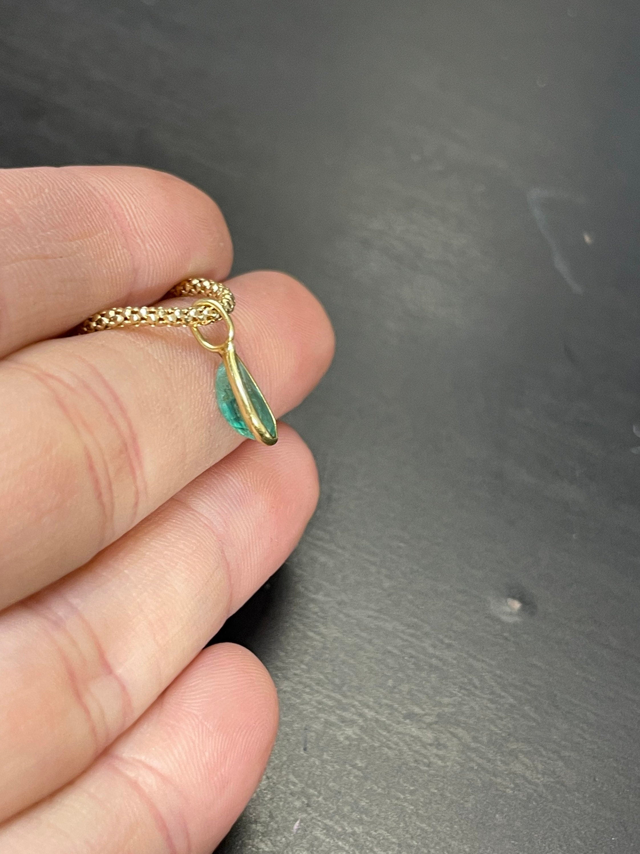 Shimmering! .90CT Natural Colombian Emerald 14K Yellow Gold Bezeled Charm Pendant OOAK 15X5mm